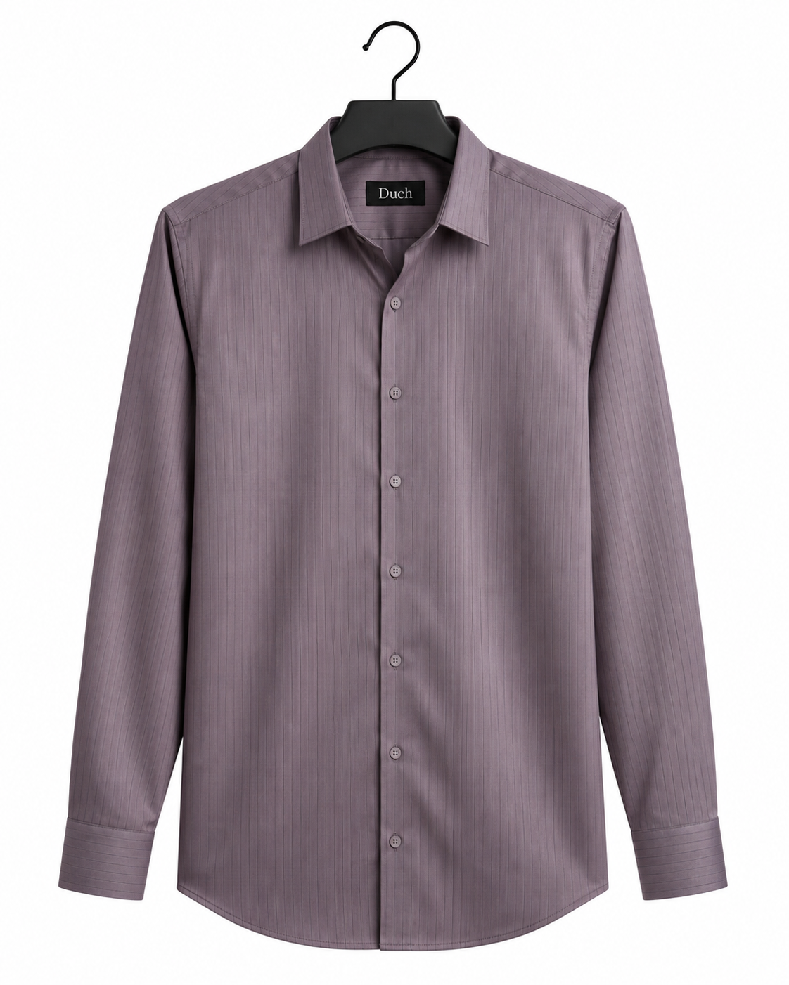 Purple satin stripe slim fit shirt on hanger | Duch Clothing