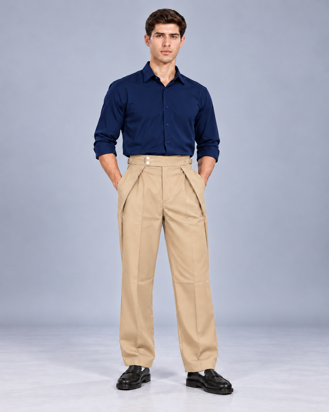 Men's Beige Gurkha Pleated Formal Trousers