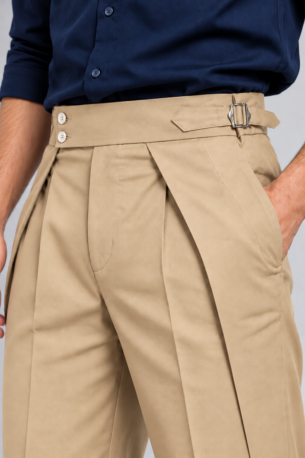 Men's Beige Gurkha Pleated Formal Trousers