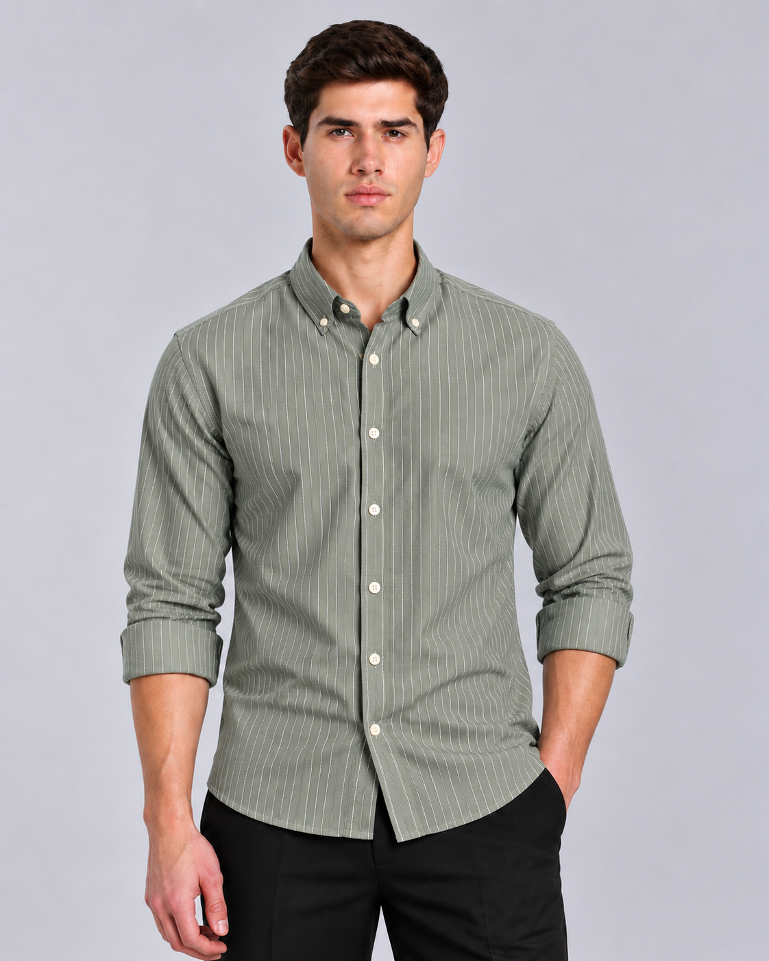 Men’s Olive Green Striped Shirt-Slim Fit