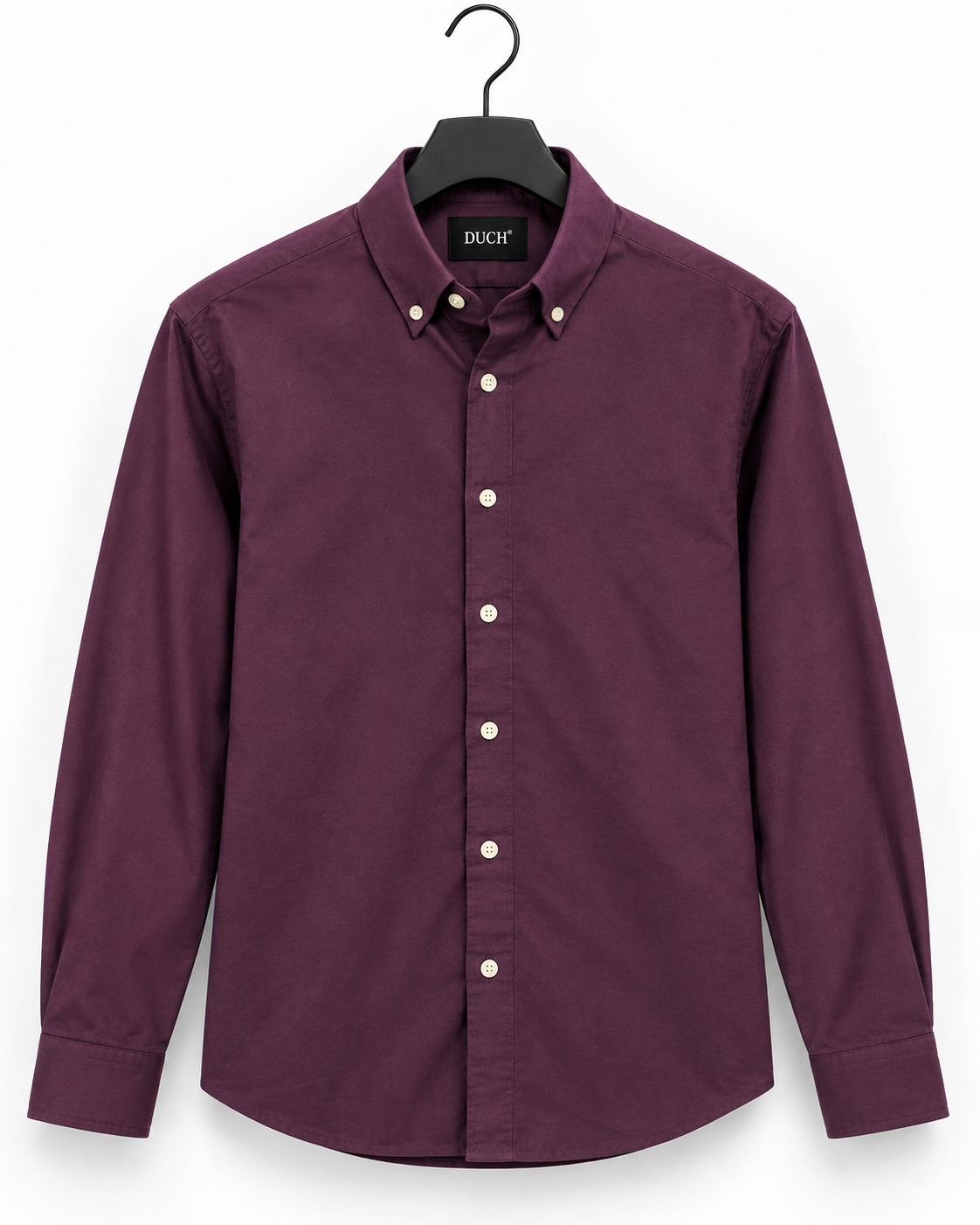 A long-sleeve button-down shirt in deep burgundy, hanging on a black hanger against a plain white background. The brand name 'DOCHT' is visible on the inner neck label.