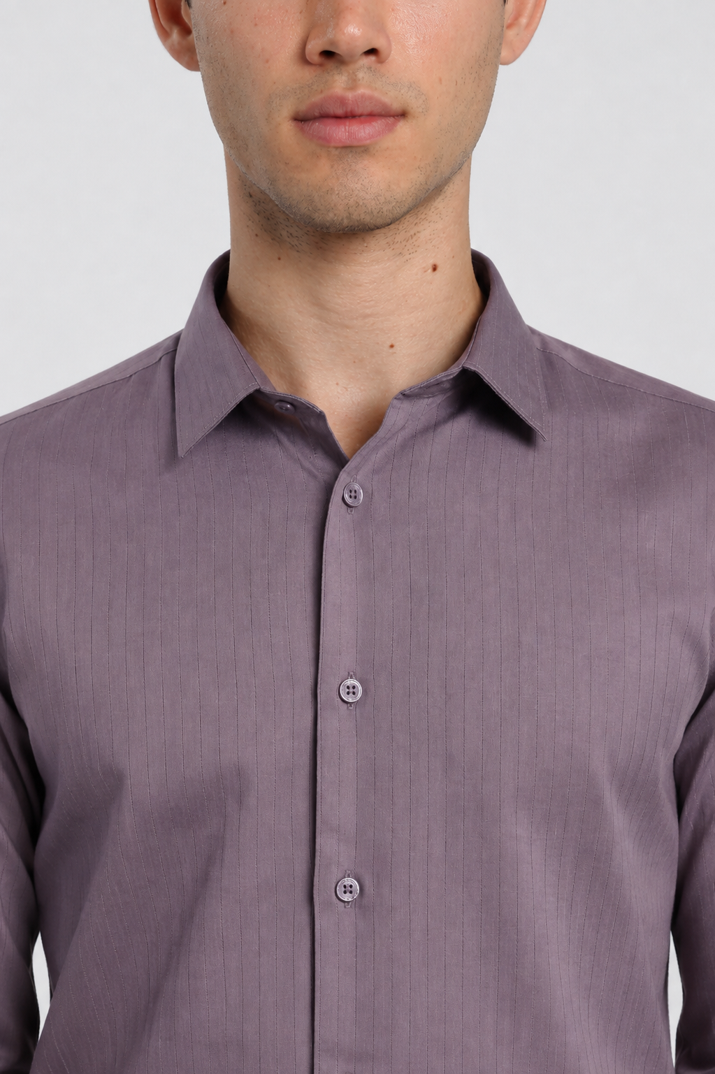 Purple satin stripe shirt – side view | Duch Clothing