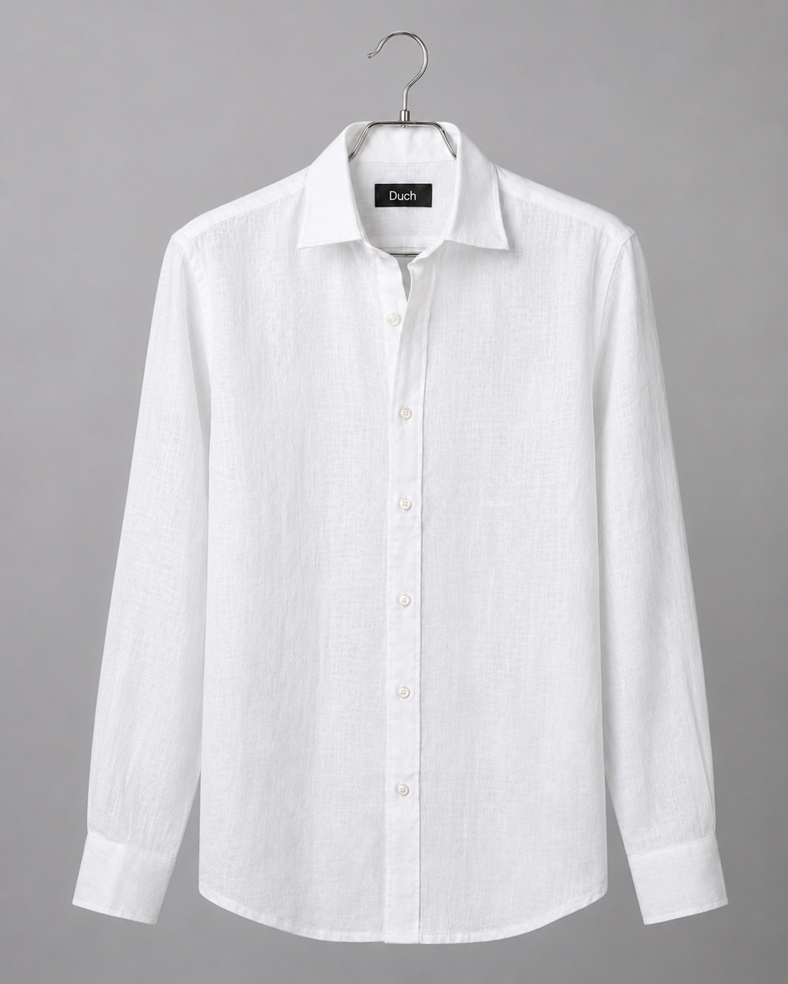 White linen slim fit shirt on hanger | Duch Clothing