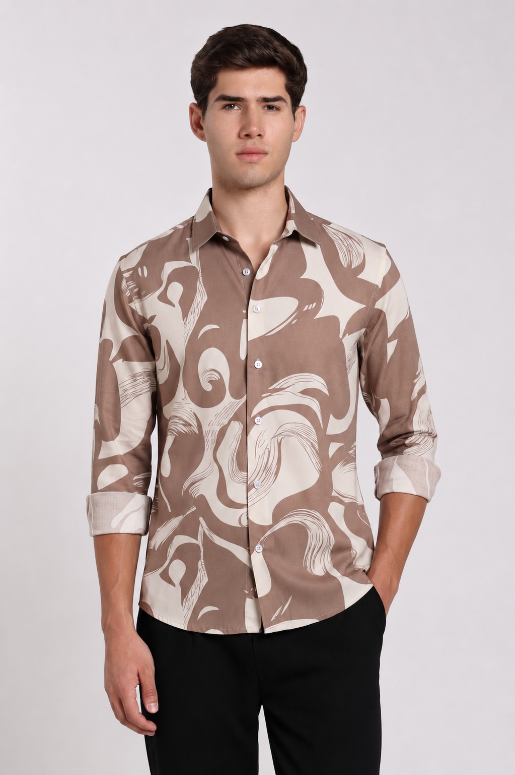 Men's Beige Abstract Print Regular Fit Casual Shirt