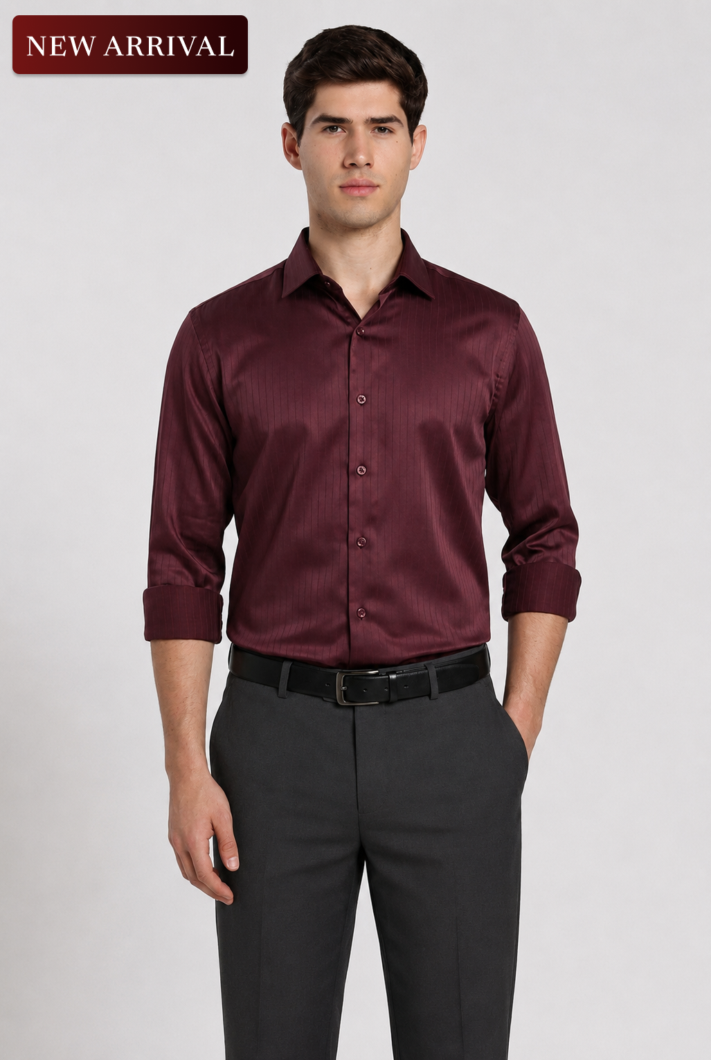 Men's Wine Maroon Satin Slim Fit Full Sleeve Formal Shirt