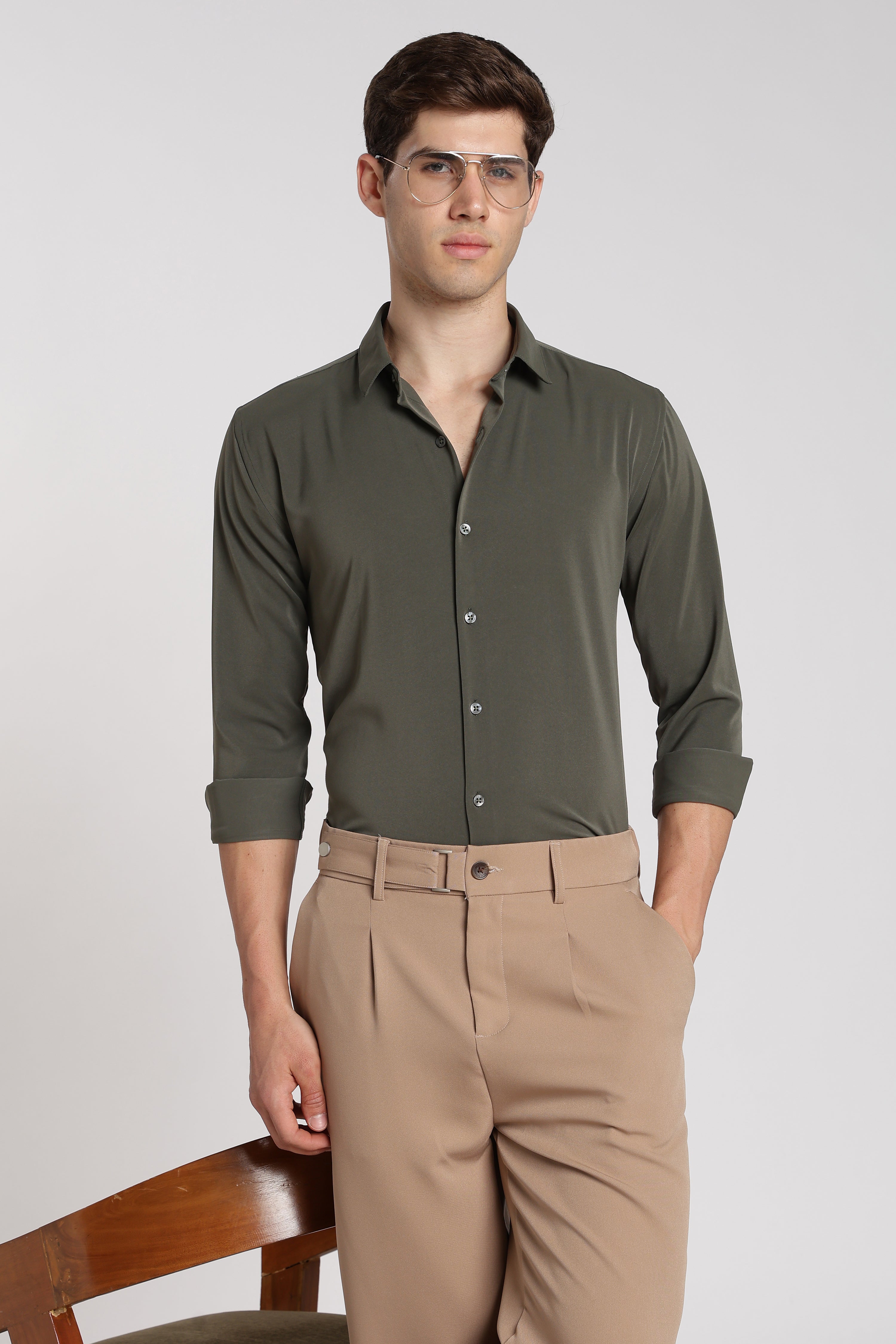 Men’s Olive Green Imported Japanese Lycra Formal Shirt
