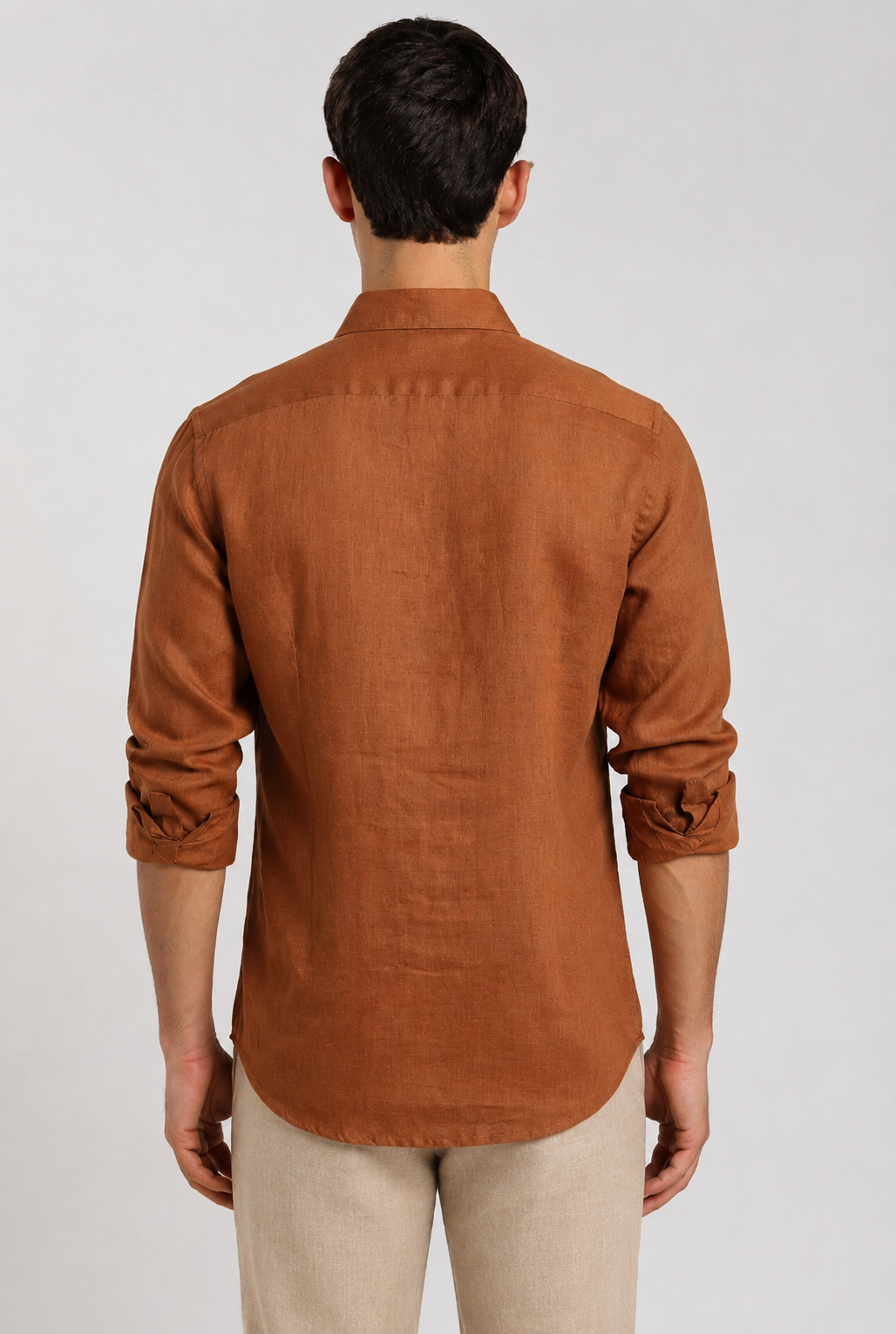 Rust orange linen shirt – back view | Duch Clothing
