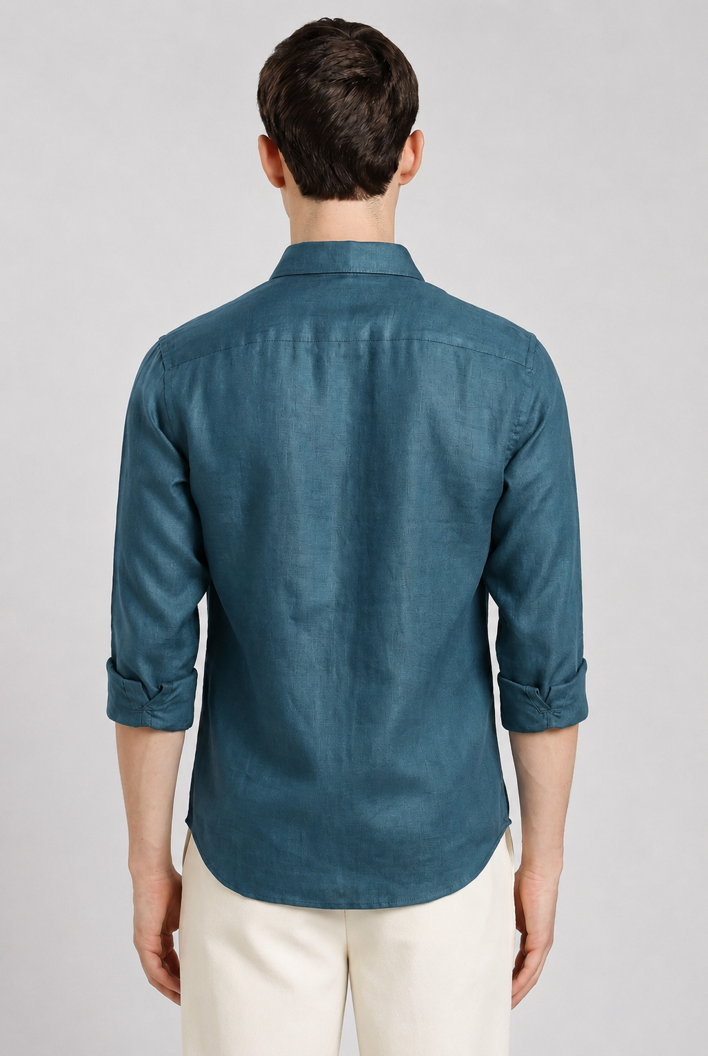Teal blue linen shirt – back view | Duch Clothing