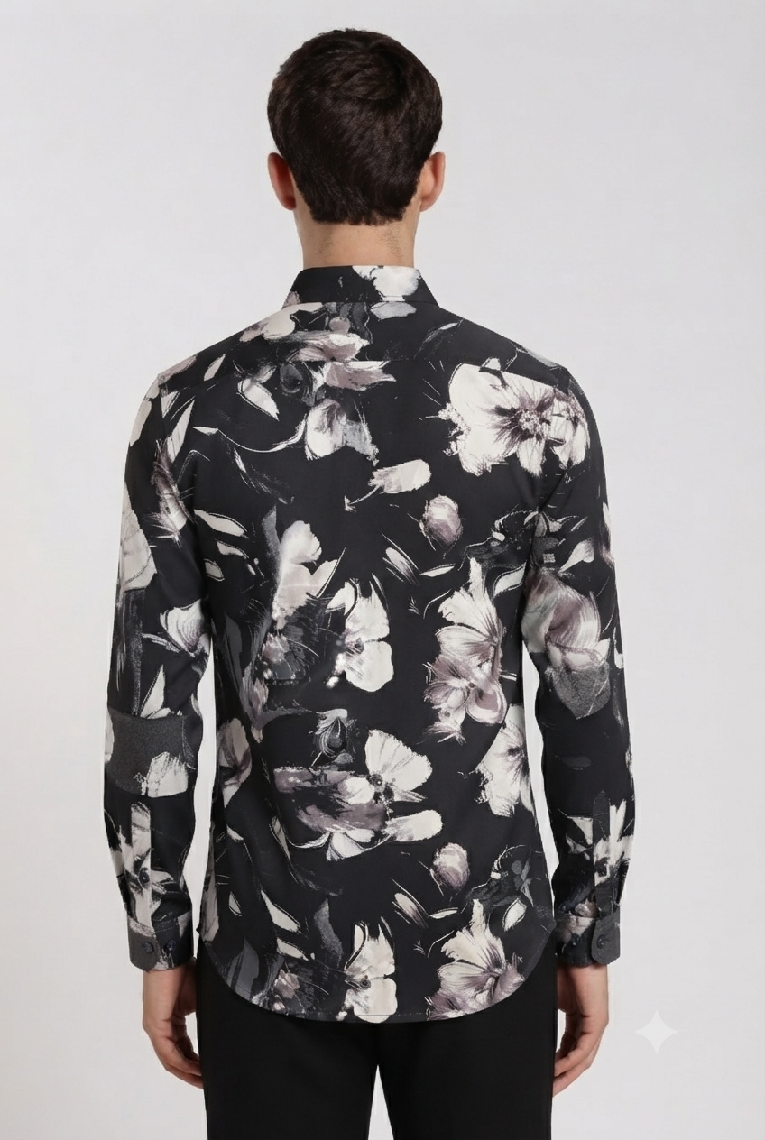Men's Black Watercolor Floral Print Regular Fit Casual Shirt