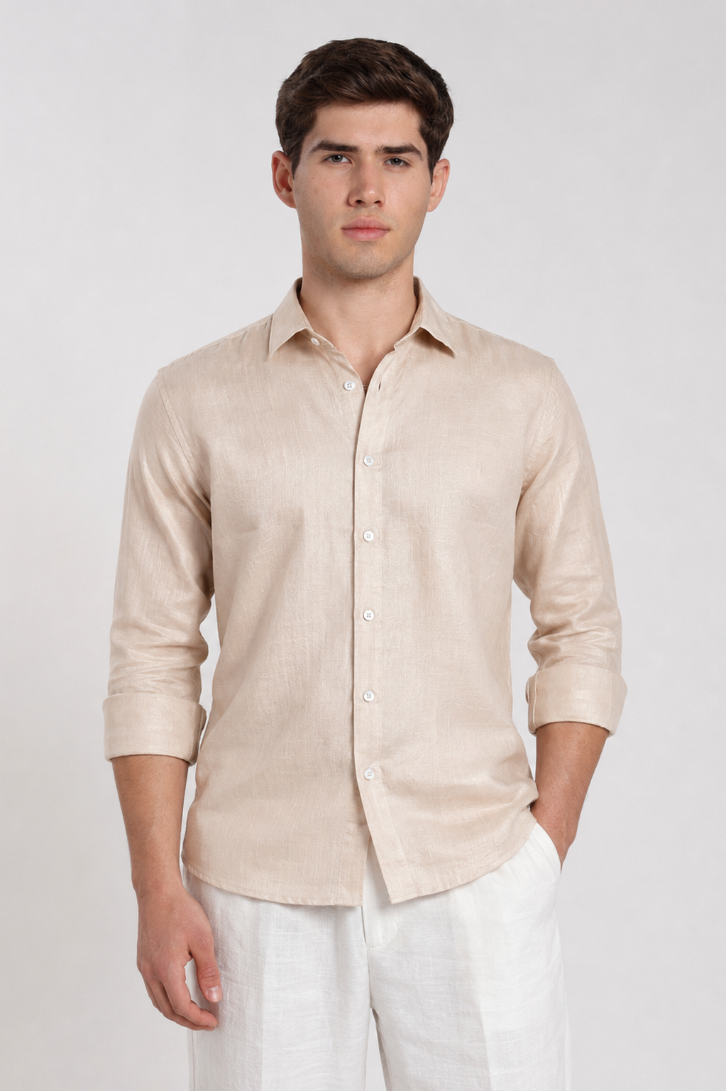 Men's Beige Linen Slim Fit Full Sleeve Casual Shirt