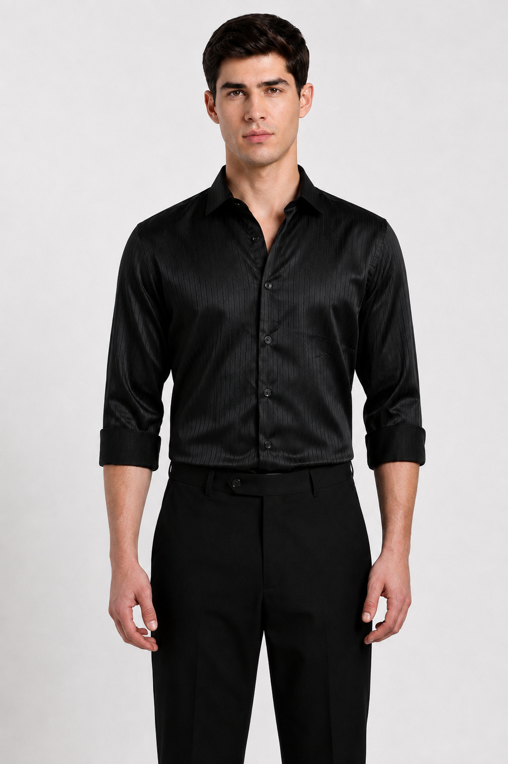 Man wearing a black satin stripe slim fit full sleeve formal shirt by Duch Clothing