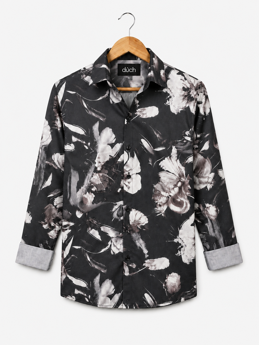 Men's Black Watercolor Floral Print Regular Fit Casual Shirt
