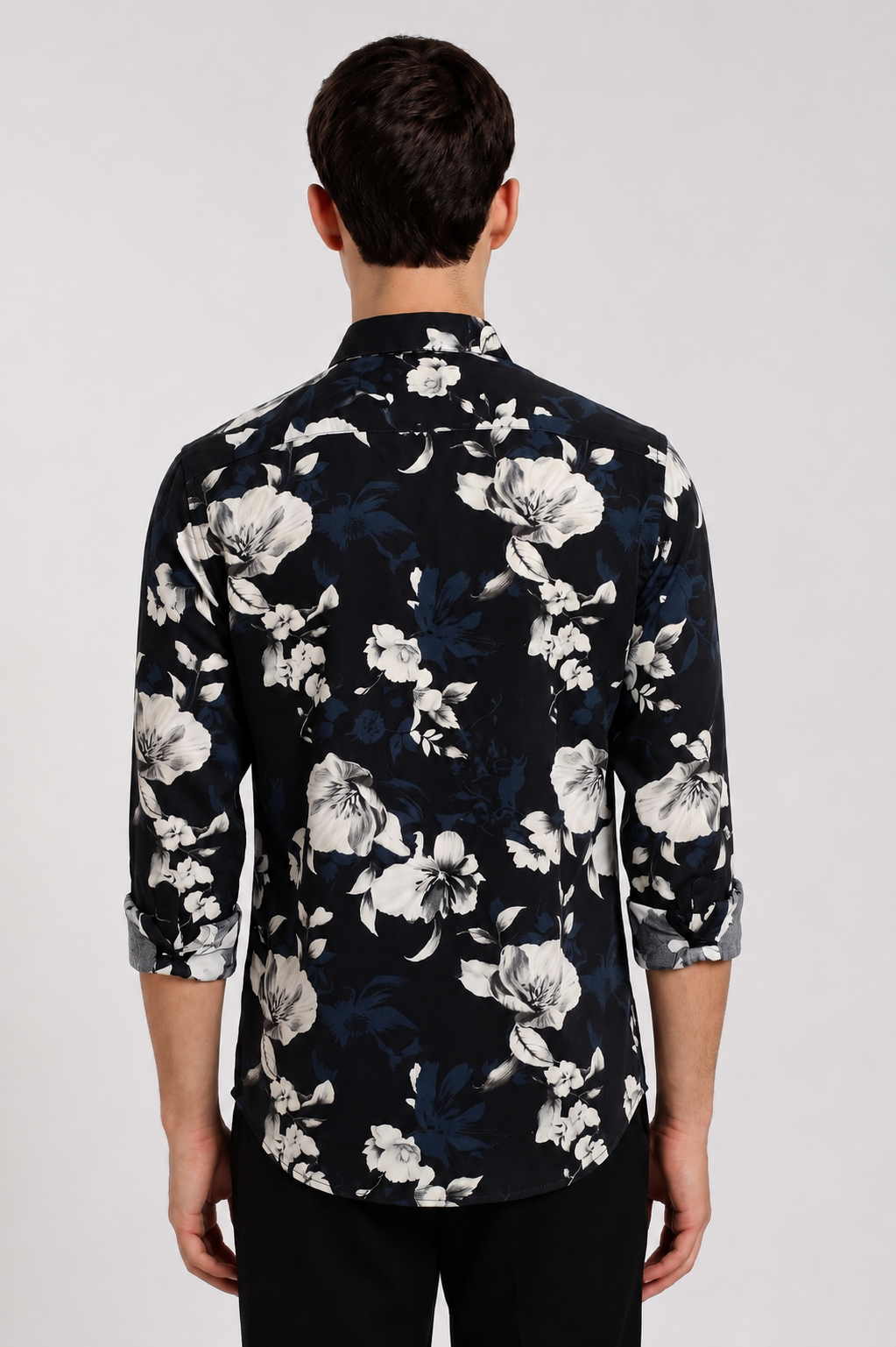 Men's Black Floral Print with Navy Blue Regular Fit Casual Shirt