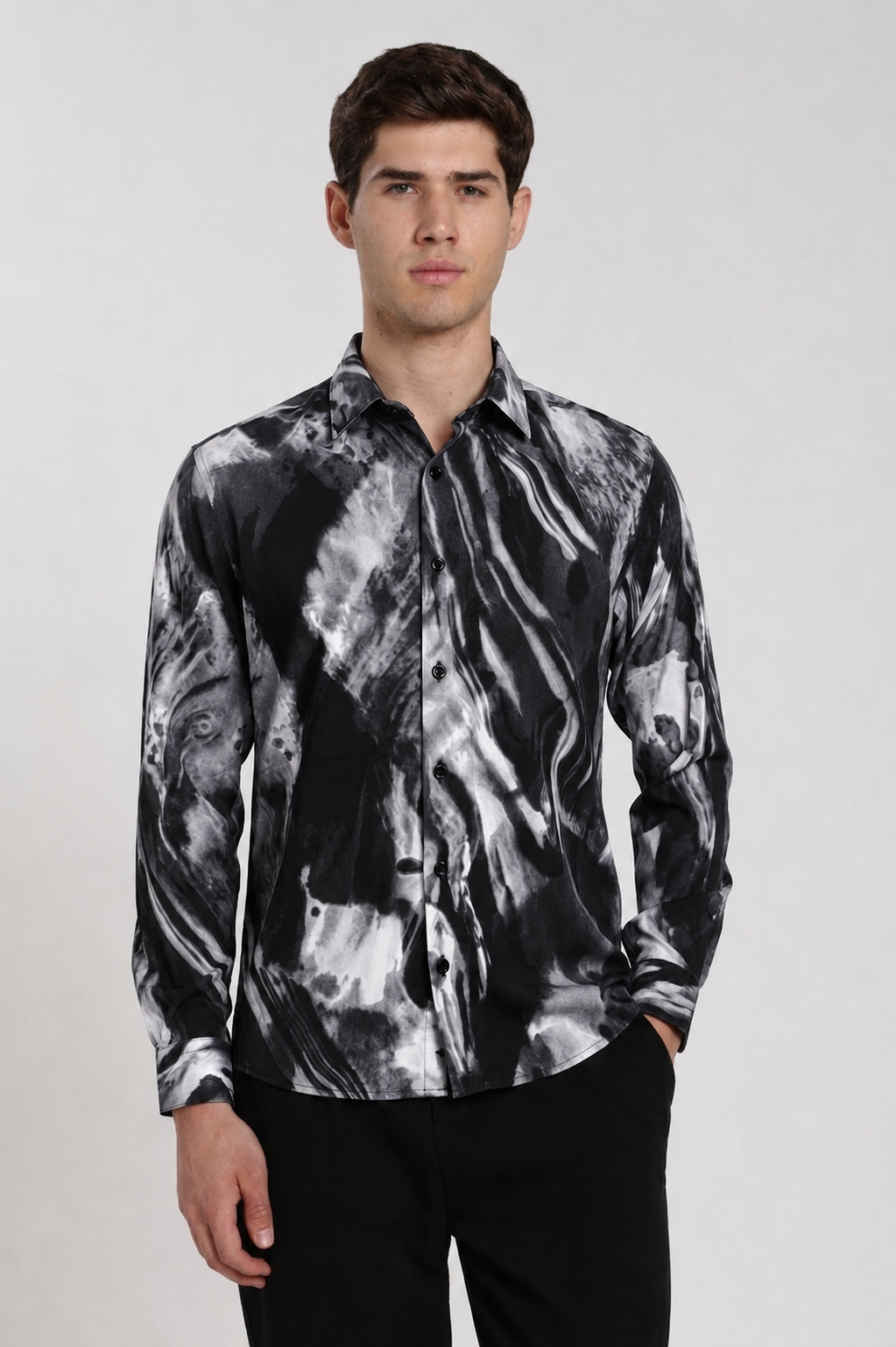 Men's Charcoal Grey Abstract Marble Print Regular Fit Casual Shirt