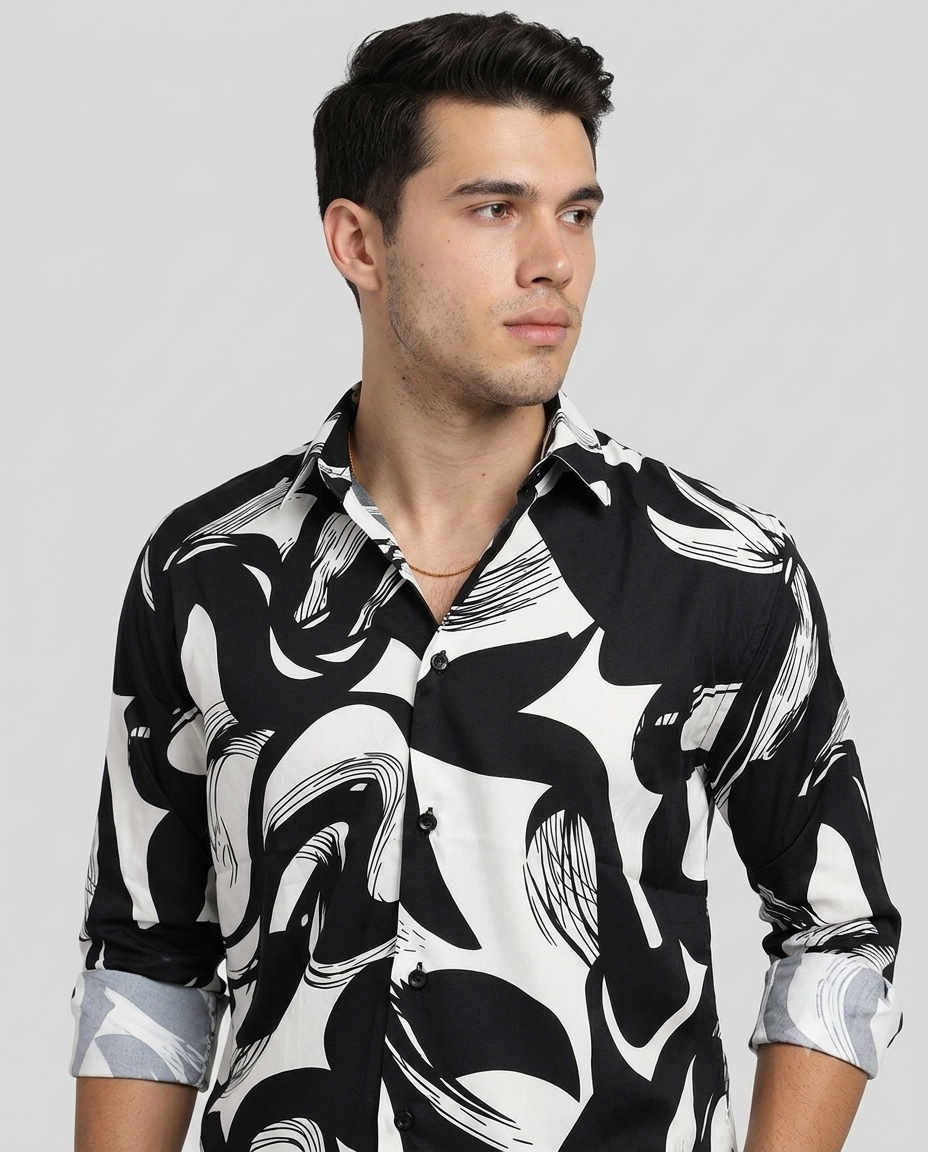 Men's Black & White Abstract Line Art Regular Fit Casual Shirt