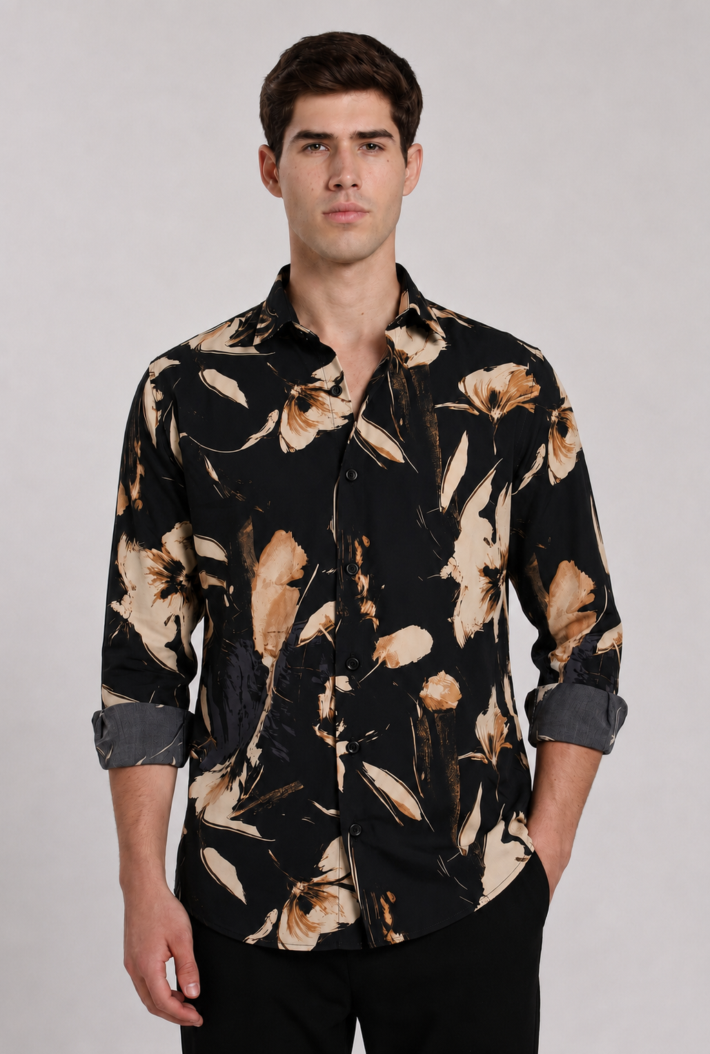 Men's Black Floral Print Regular Fit Casual Shirt