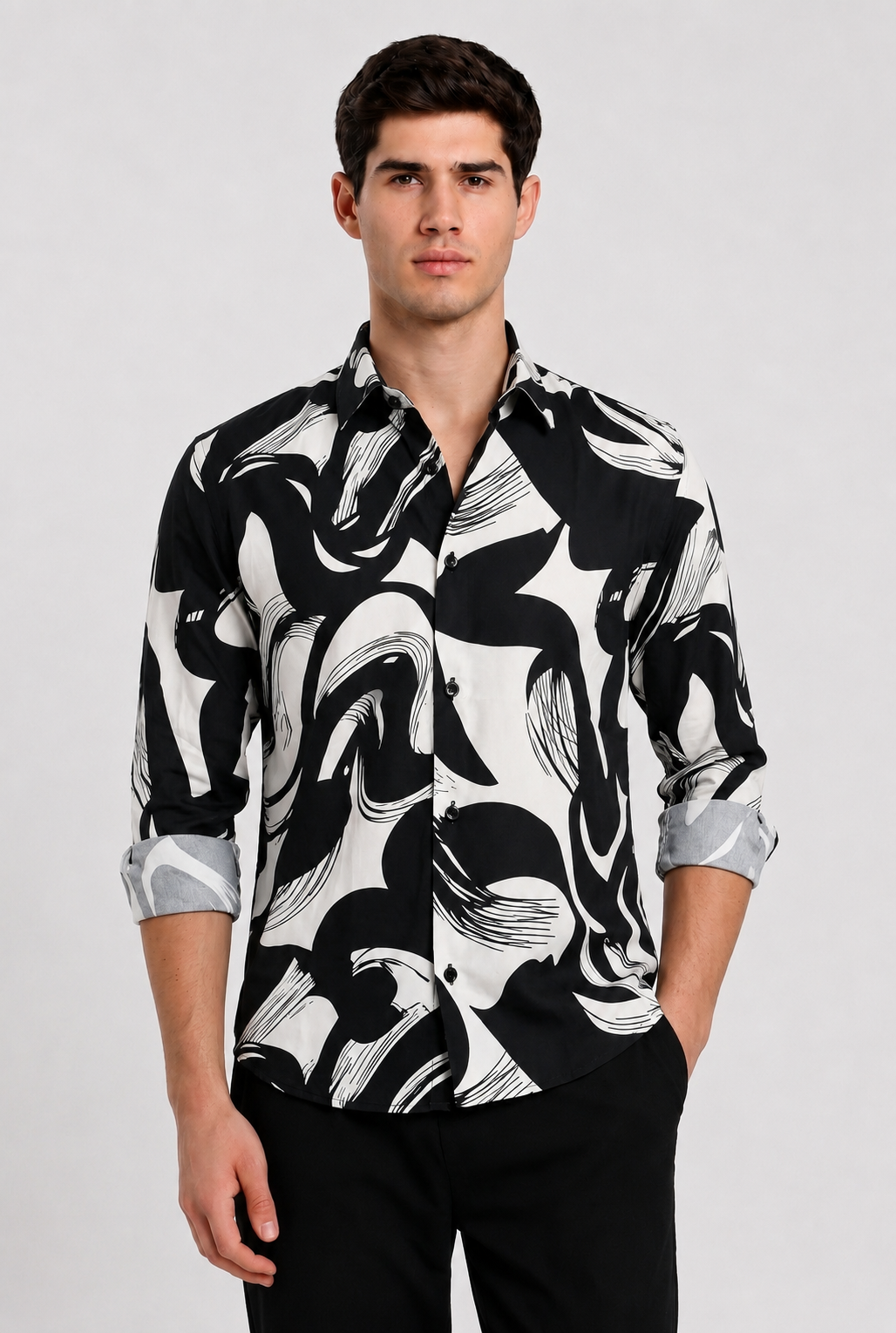 Men's Black & White Abstract Line Art Regular Fit Casual Shirt