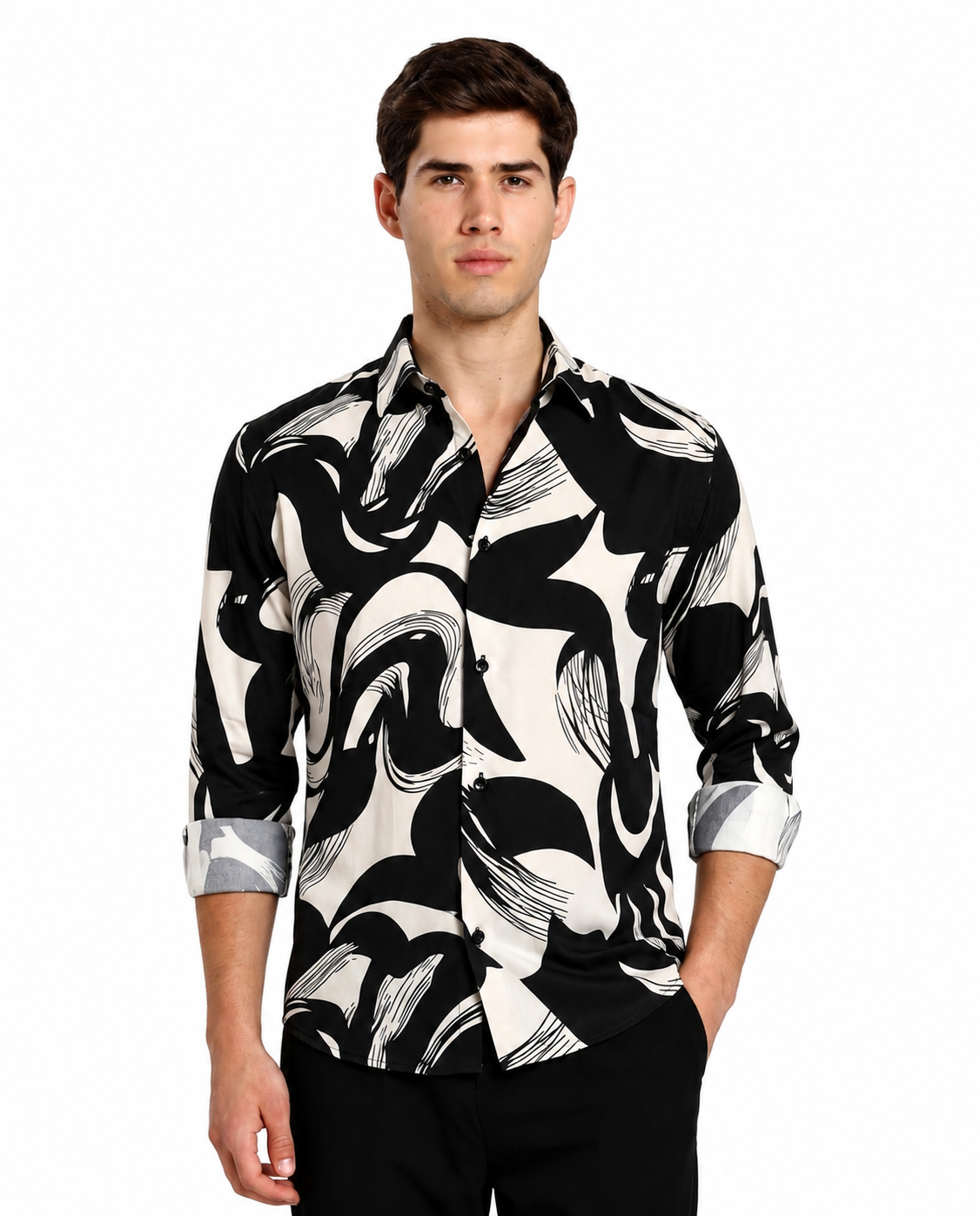 Men's Black & White Abstract Line Art Regular Fit Casual Shirt