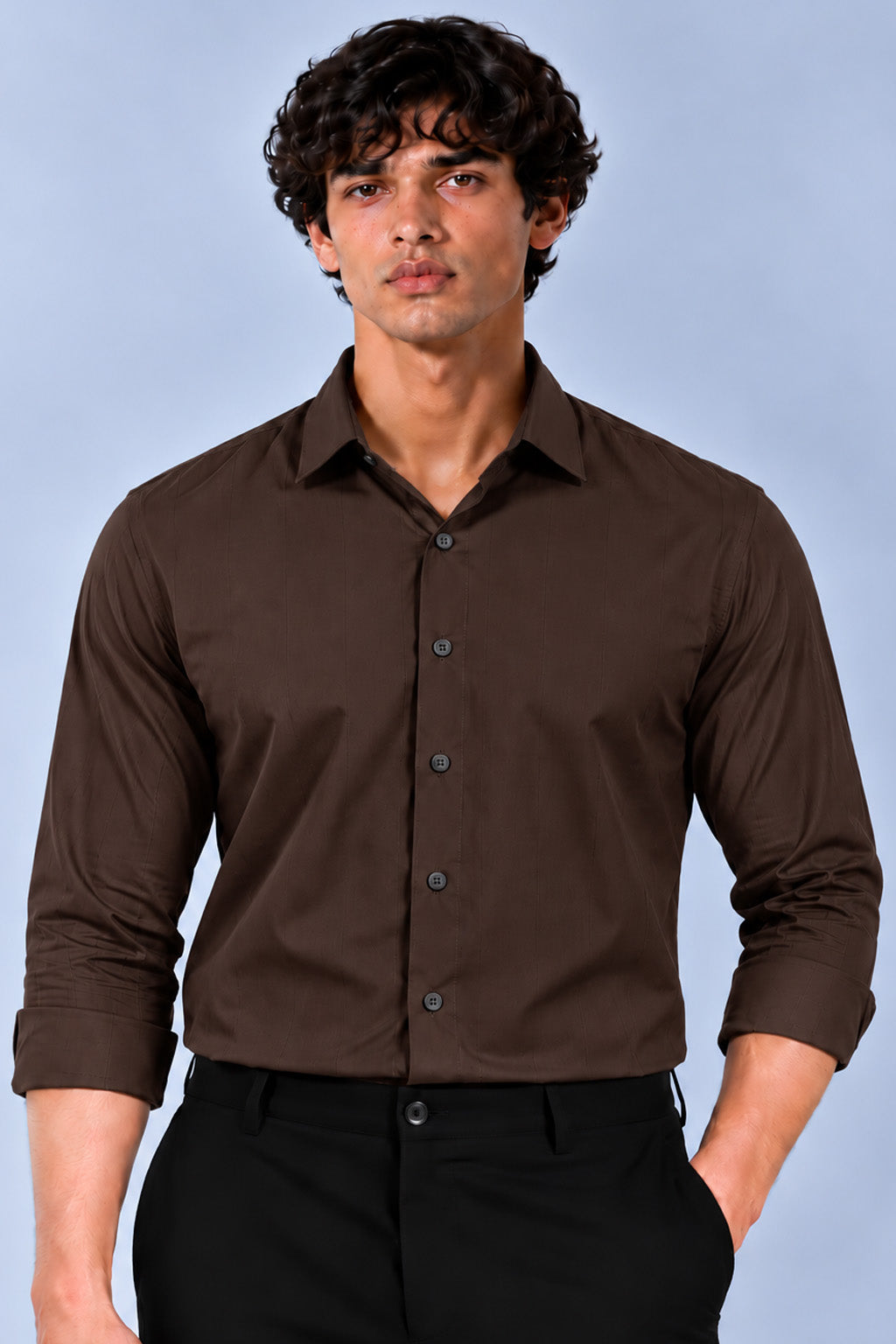 Men's Brown Satin Stripe Slim Fit Full Sleeve Formal Shirt