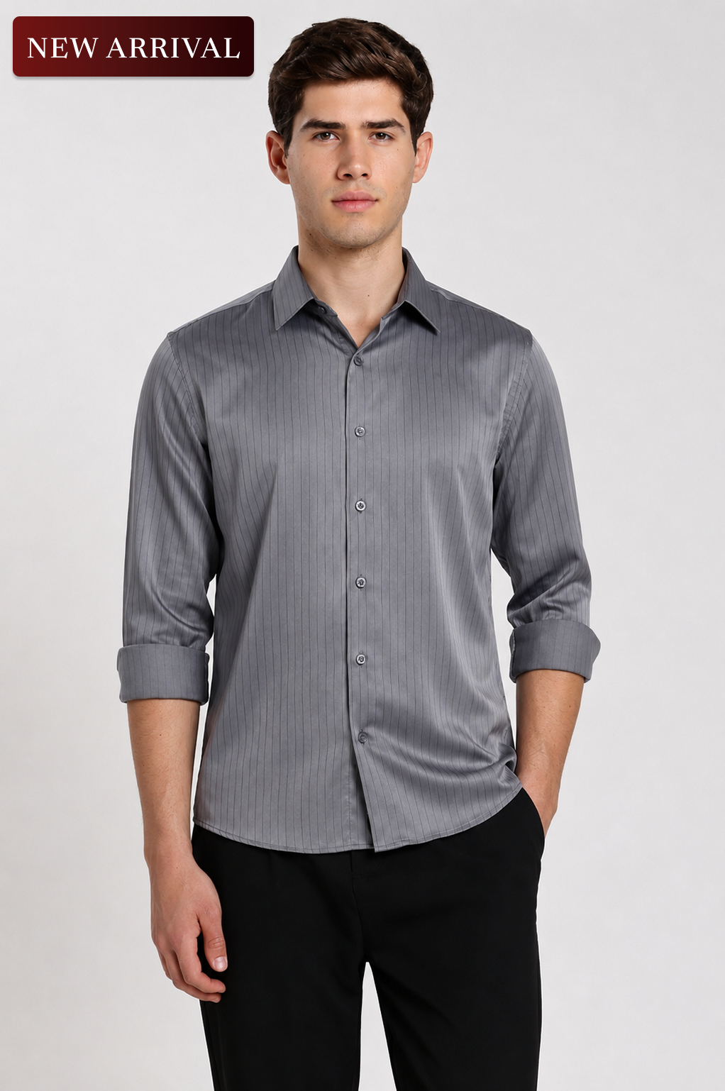 Men's Charcoal Grey Satin Stripe Slim Fit Full Sleeve Formal Shirt