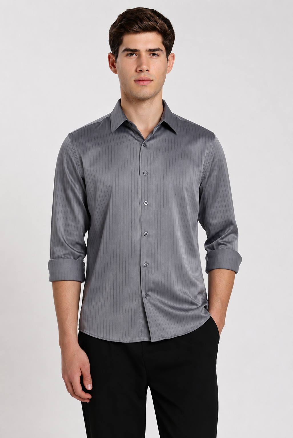Charcoal grey satin stripe slim fit shirt – full view | Duch Clothing