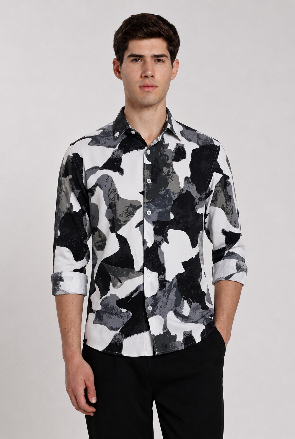 Men's Cream Abstract Brushstroke Print Regular Fit Casual Shirt
