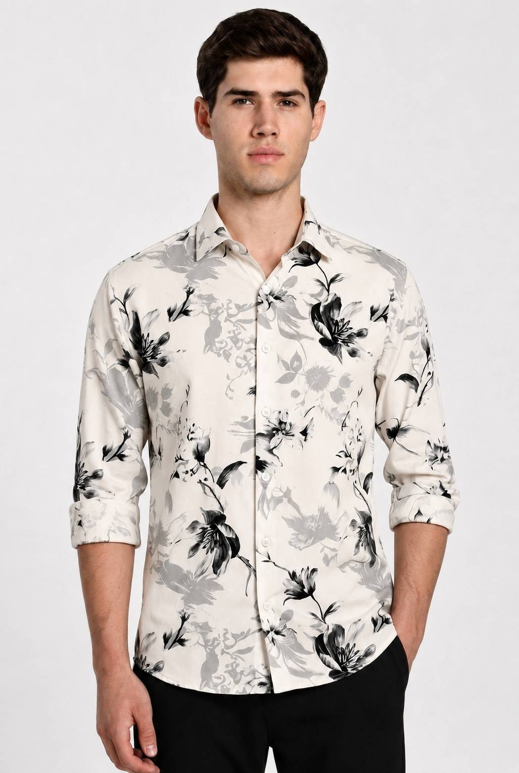 Men's Cream Botanical Floral Print Regular Fit Casual Shirt