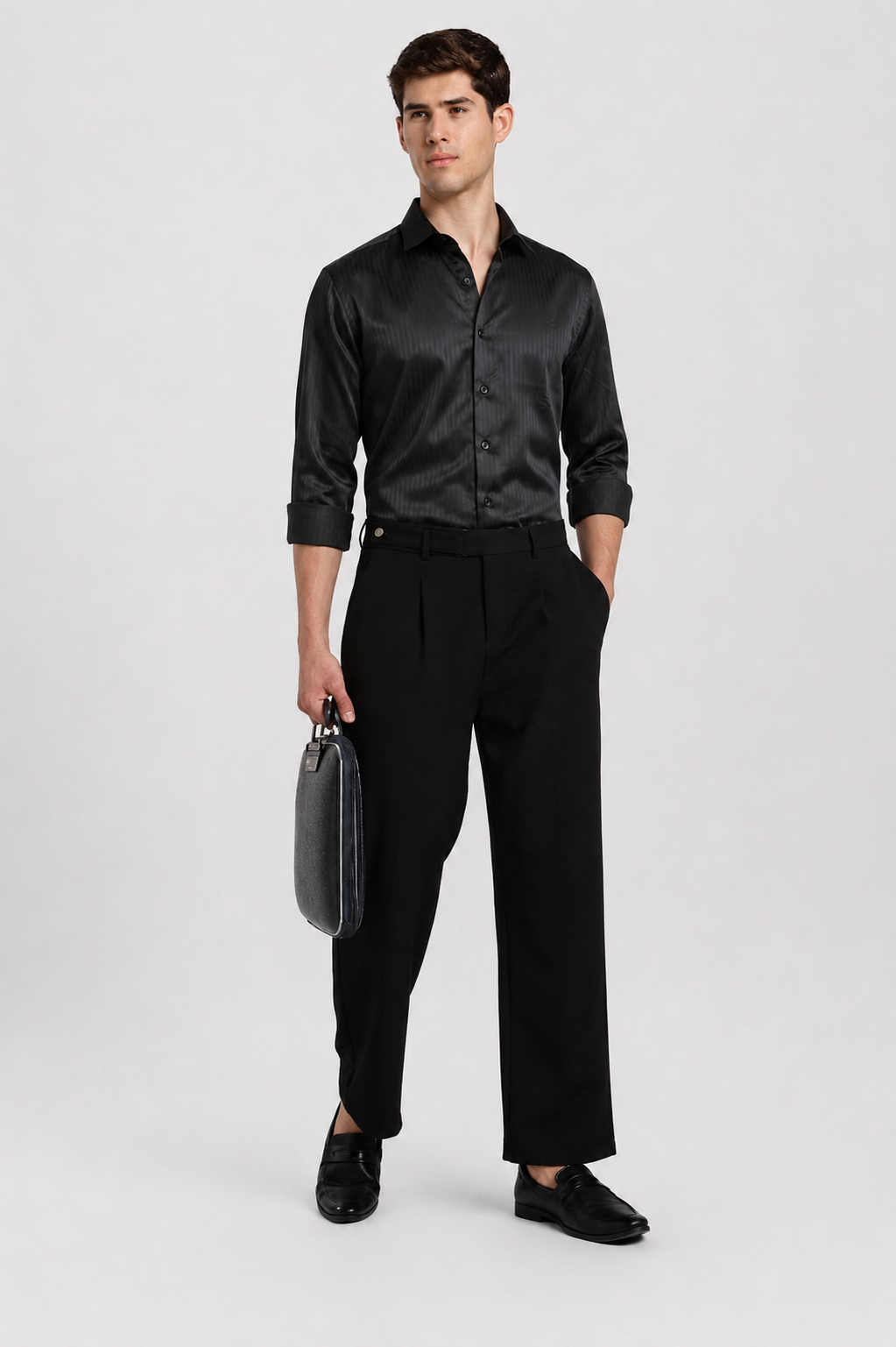 Black satin stripe shirt – full view | Duch Clothing