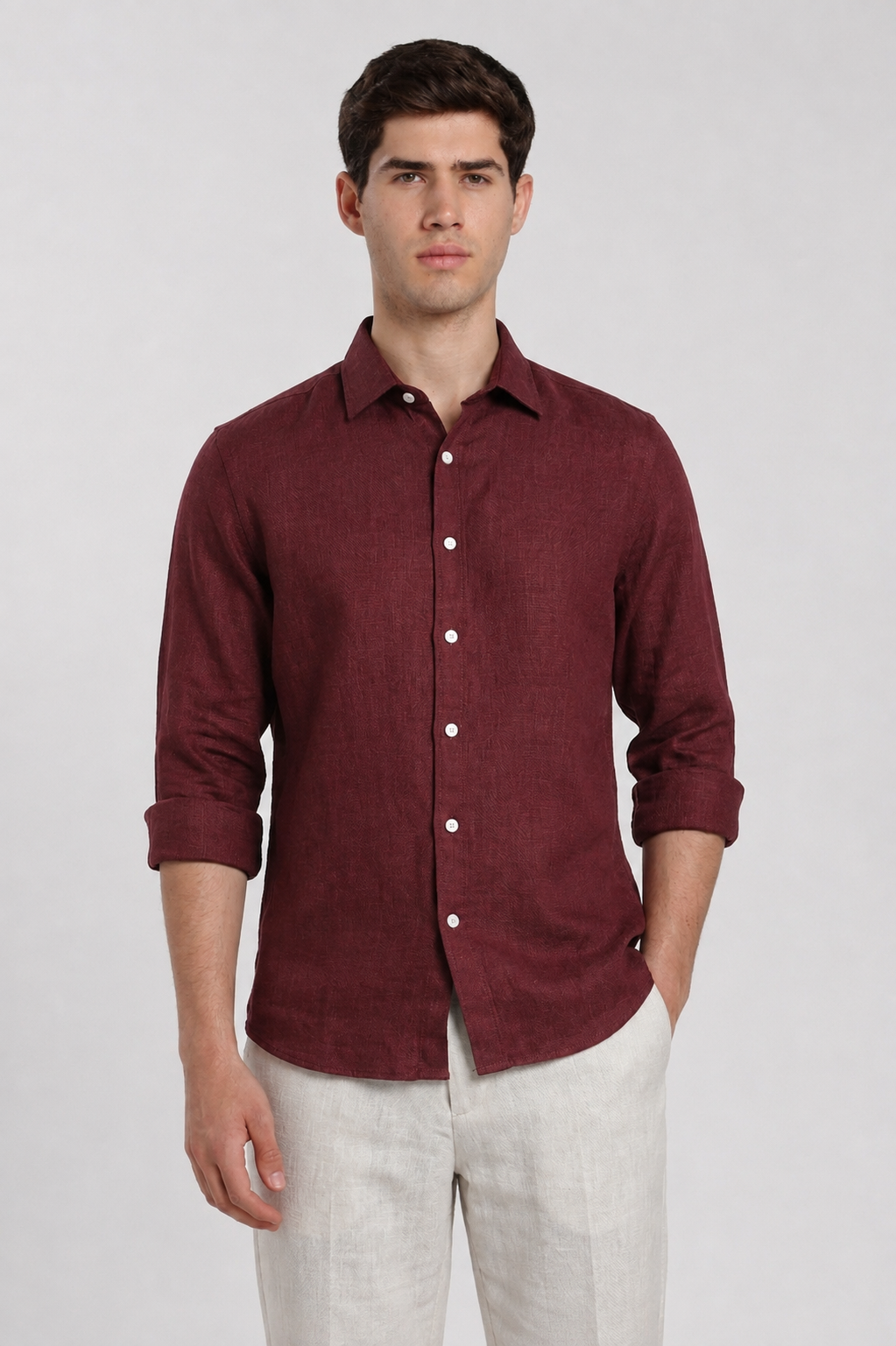 Man wearing a maroon linen slim fit full sleeve casual shirt by Duch Clothing