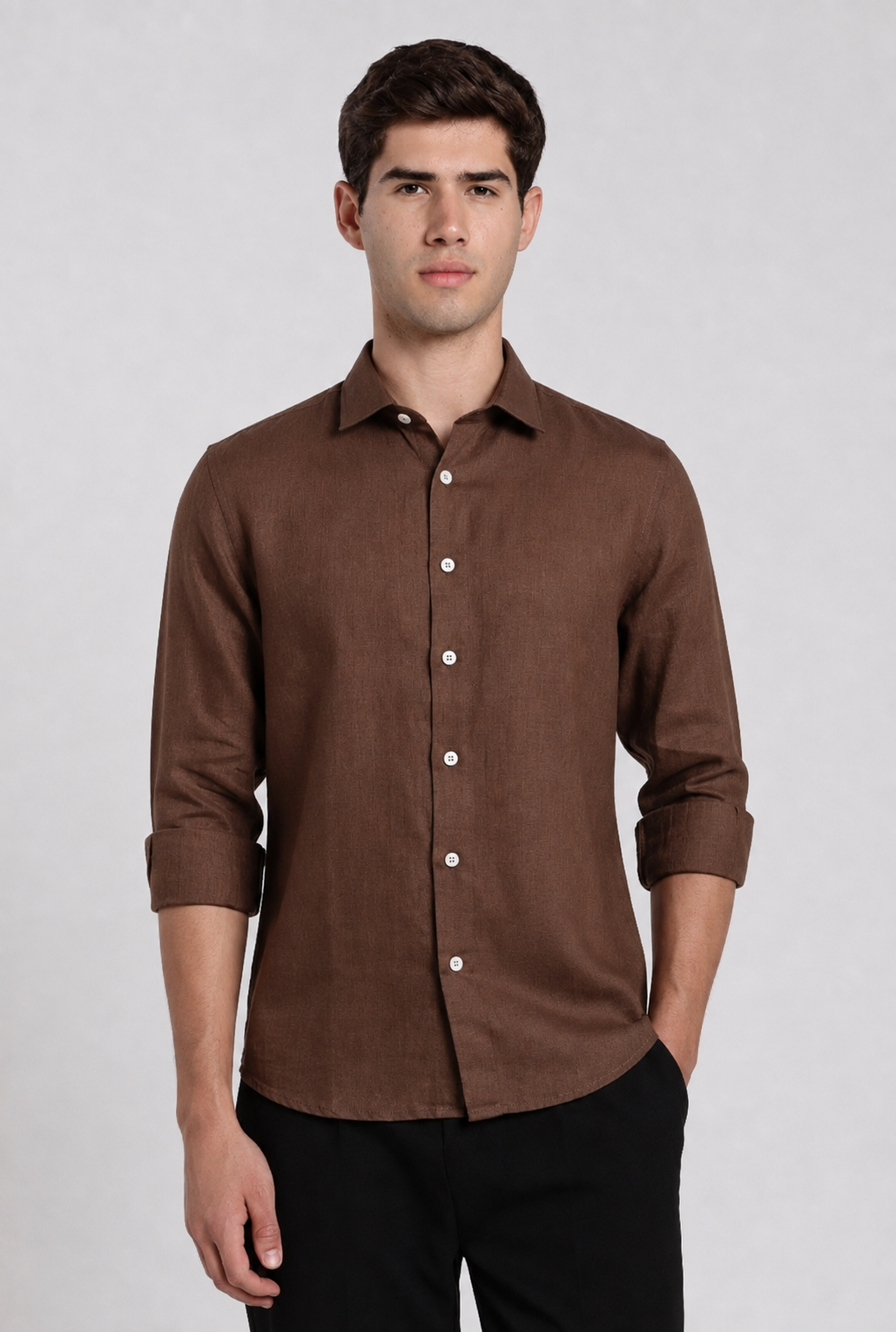 Man wearing a chocolate brown linen slim fit full sleeve casual shirt by Duch Clothing
