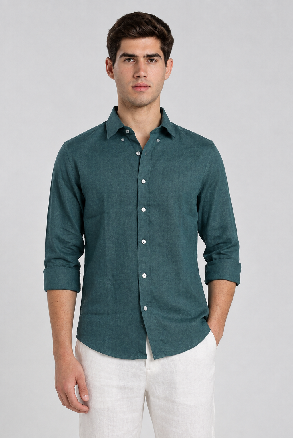 Man wearing a teal blue linen slim fit full sleeve casual shirt by Duch Clothing