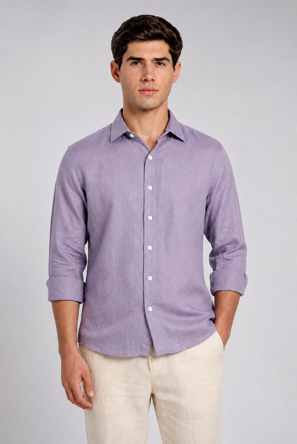 Men's Lavender Linen Slim Fit Full Sleeve Casual Shirt