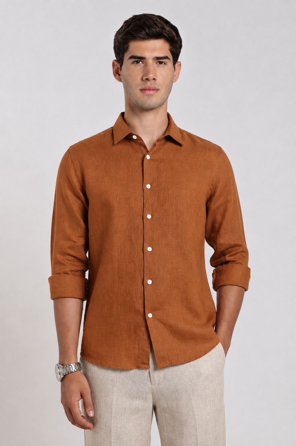 Man wearing a rust orange linen slim fit full sleeve casual shirt by Duch Clothing