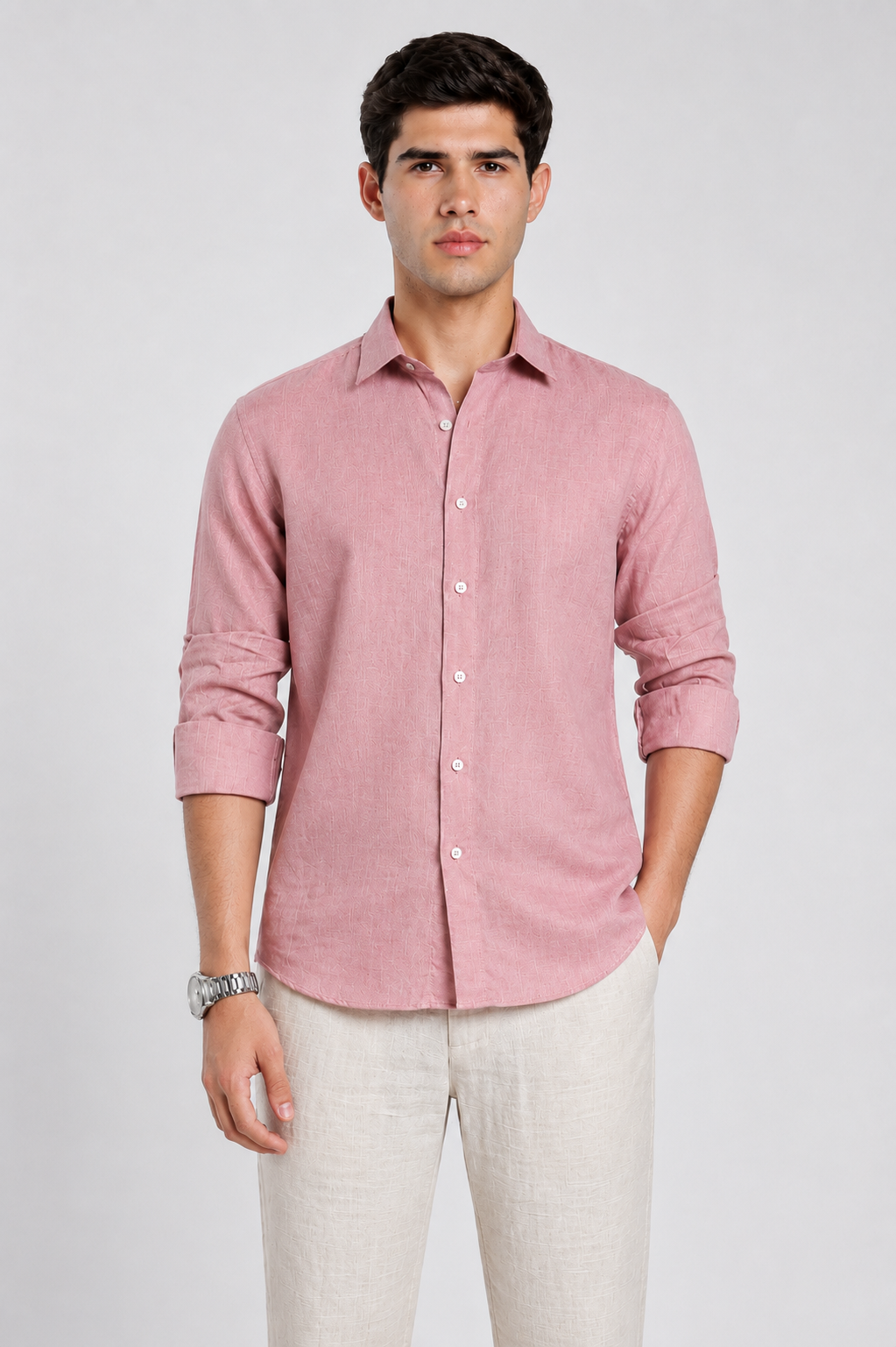 Men's Baby Pink Linen Slim Fit Full Sleeve Casual Shirt