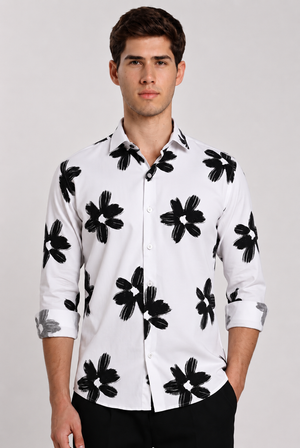 Off-White Floral Print Shirt for Men | Viscose Regular Fit Casual Shirt