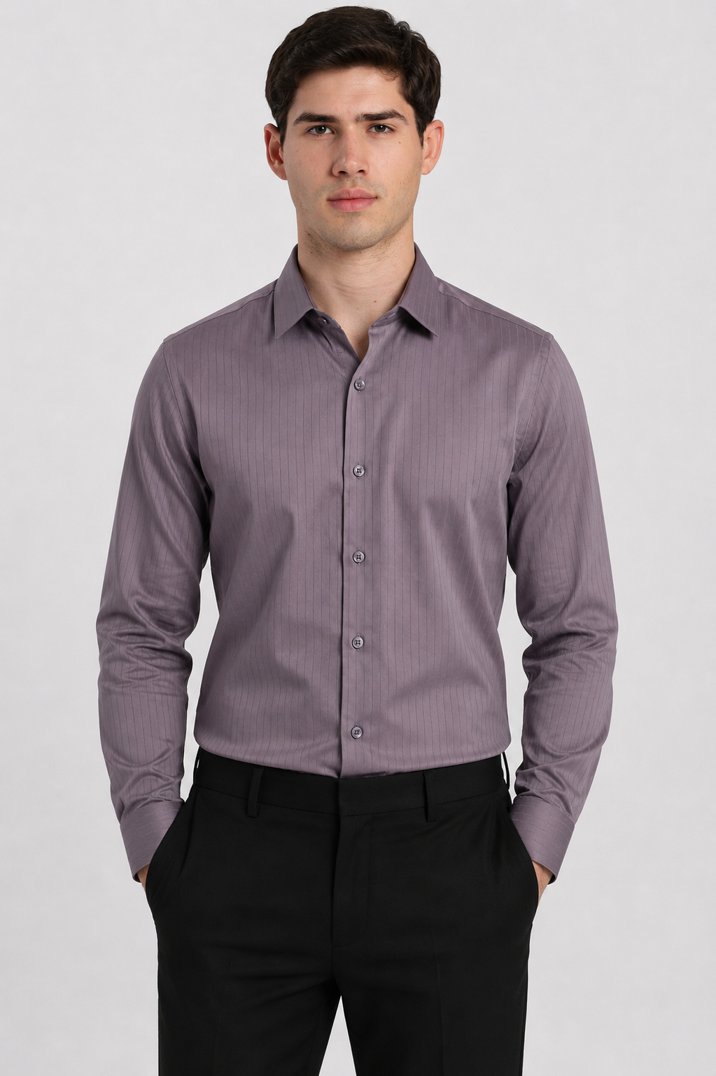 Man wearing a purple satin stripe slim fit full sleeve formal shirt by Duch Clothing