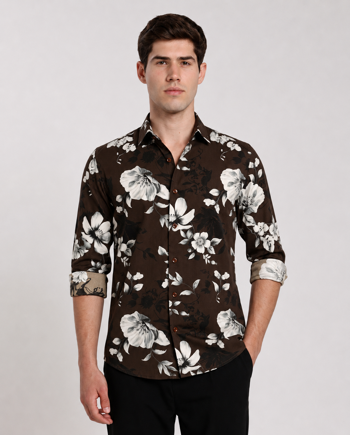 Men's Brown Floral Print Regular Fit Casual Shirt