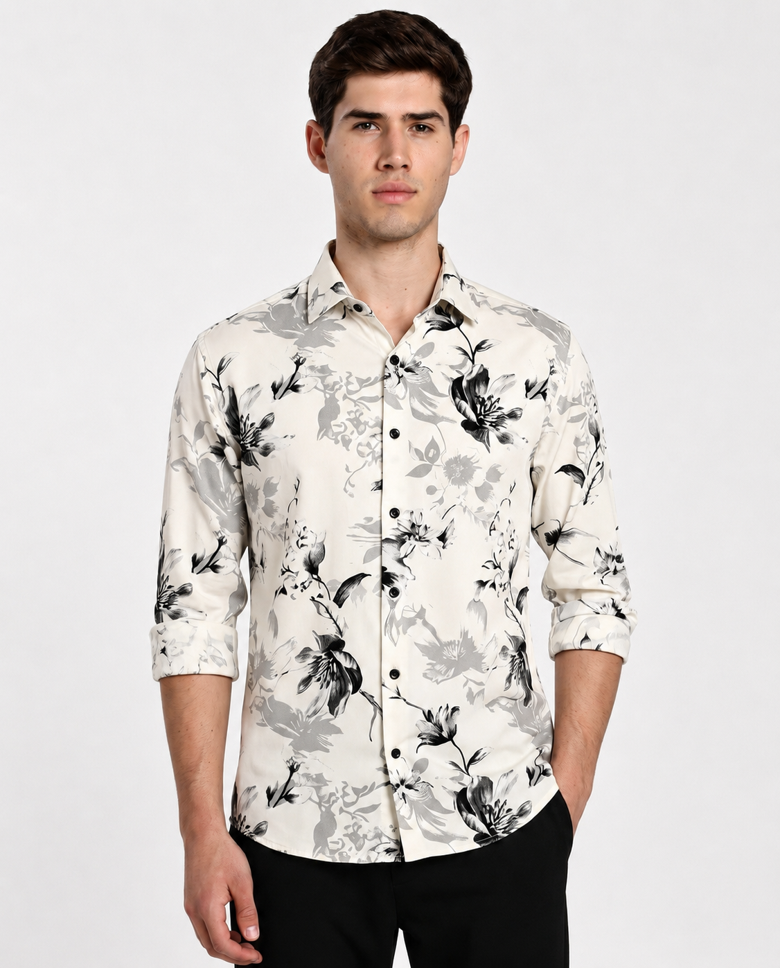 Men's Cream Botanical Floral Print Regular Fit Casual Shirt