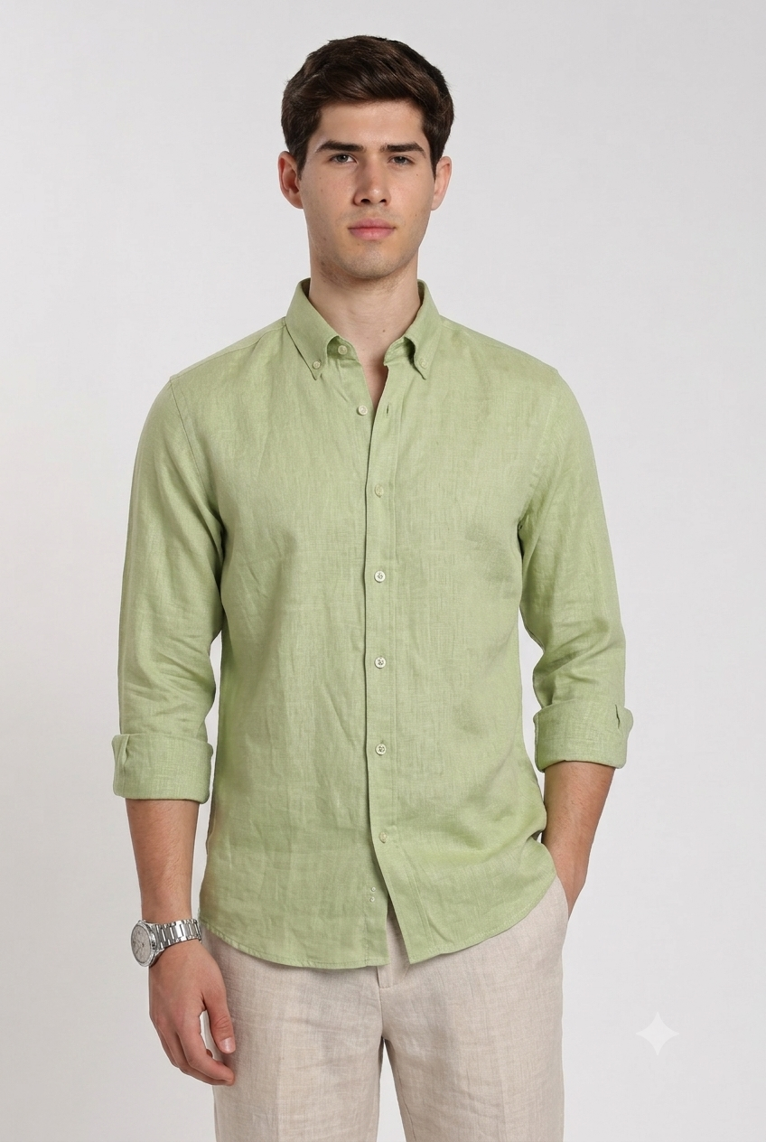 Men's Lime Green Linen Slim Fit Full Sleeve Casual Shirt