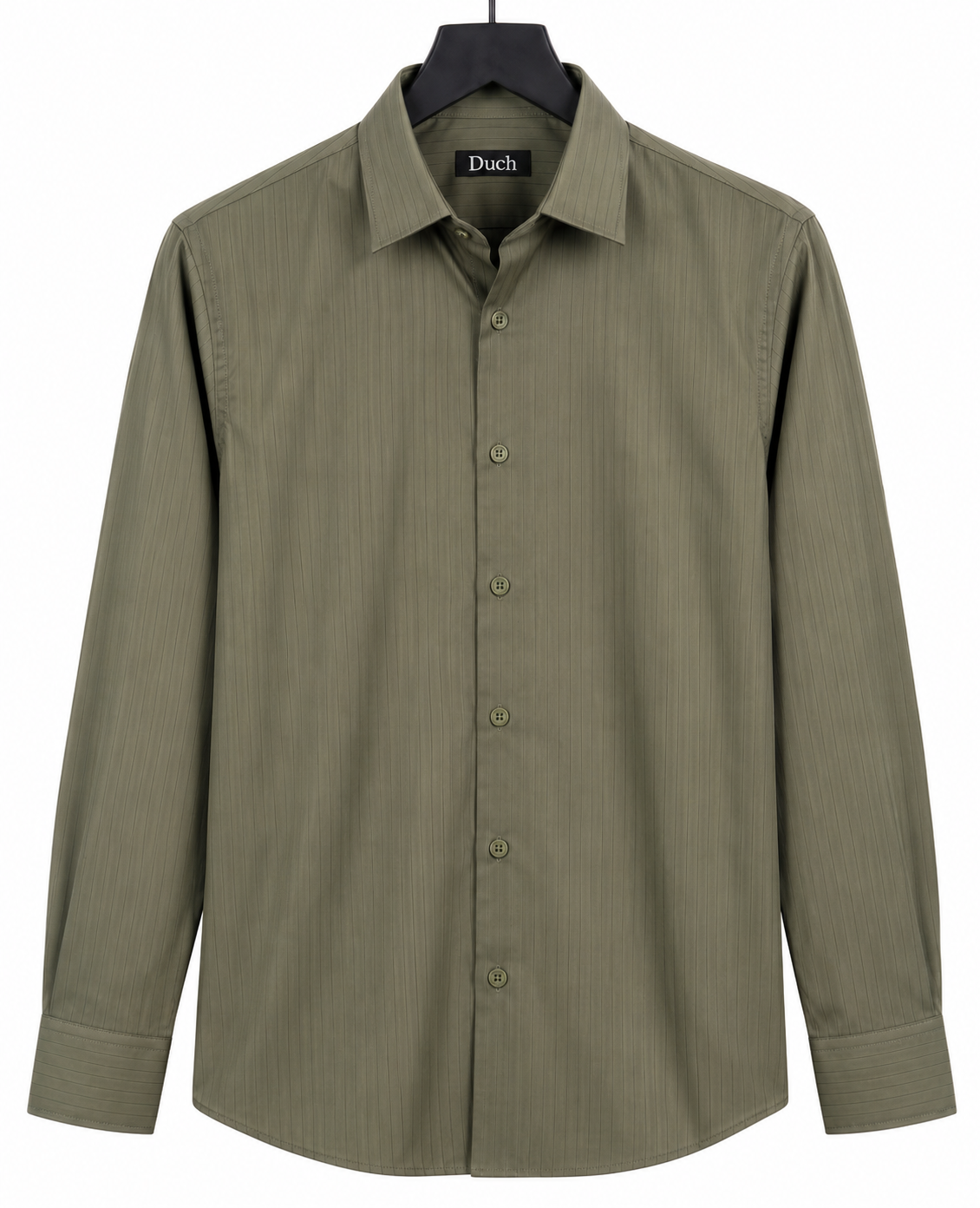 Olive green satin stripe slim fit shirt on hanger | Duch Clothing