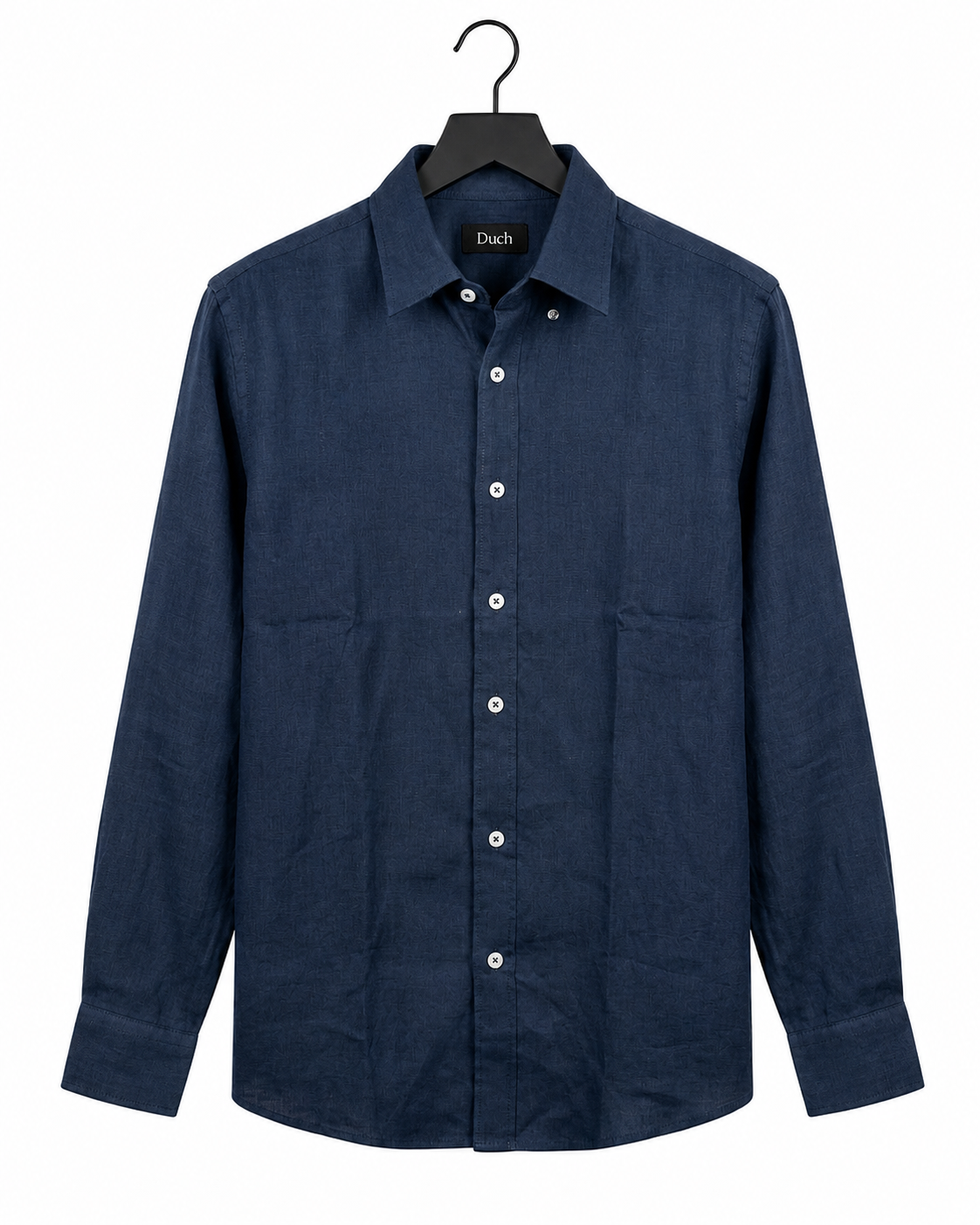 Navy blue linen slim fit shirt on hanger | Duch Clothing