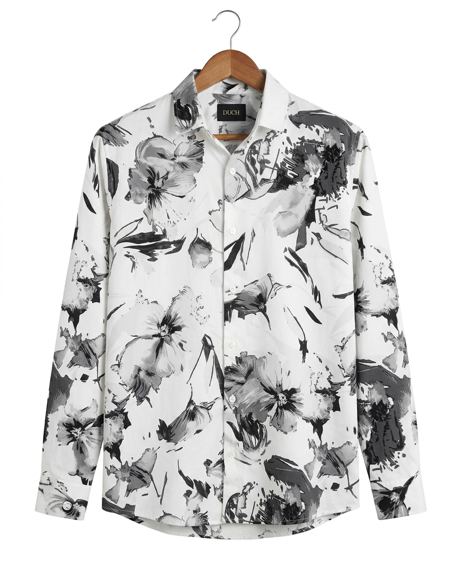 Men's White Floral Print with Grey Abstract Regular Fit Casual Shirt