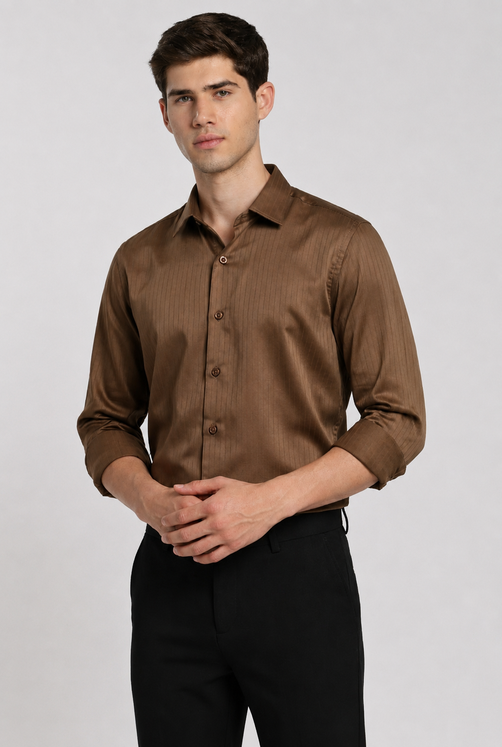 Coffee brown satin shirt – side view | Duch Clothing