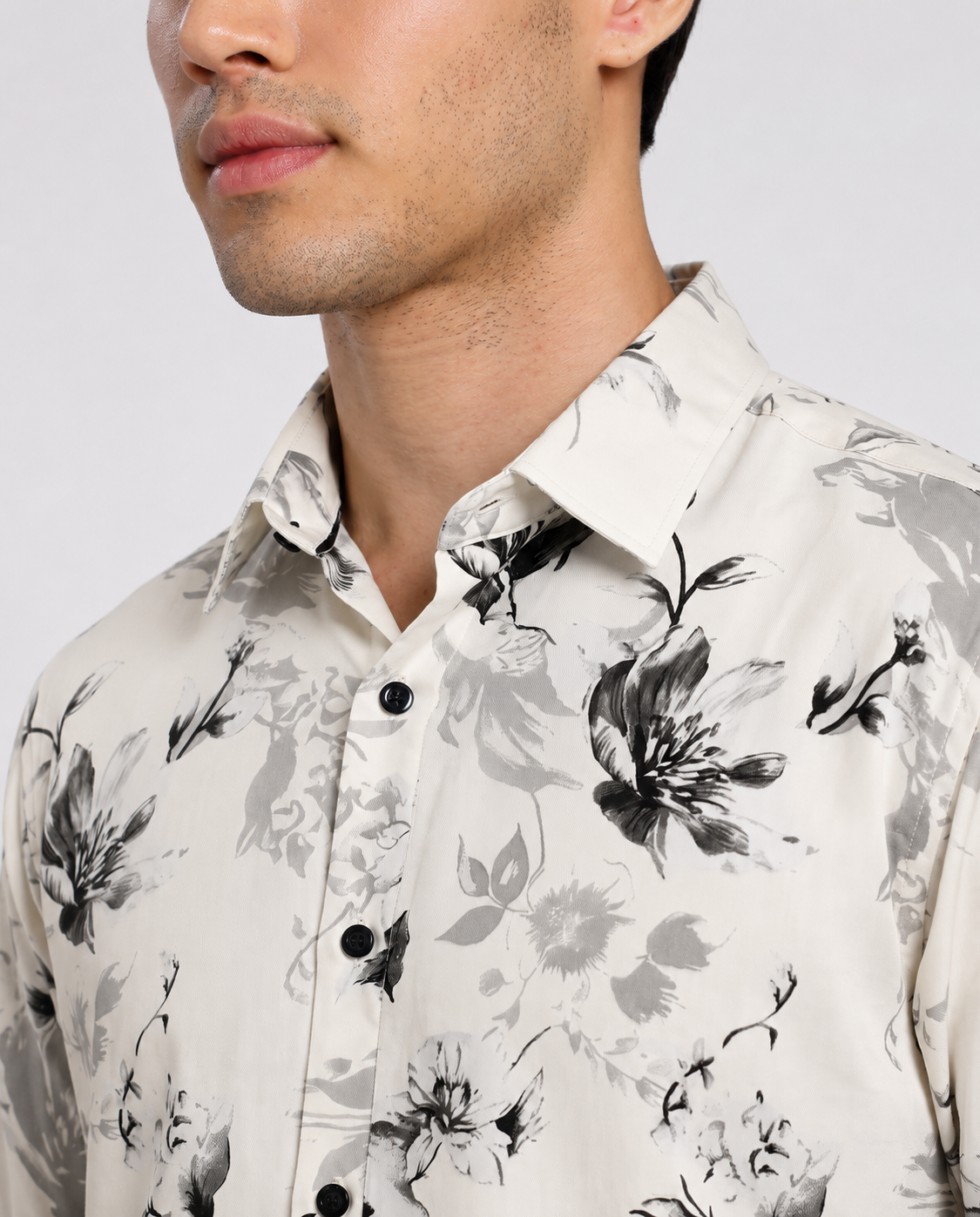 Men's Cream Botanical Floral Print Regular Fit Casual Shirt