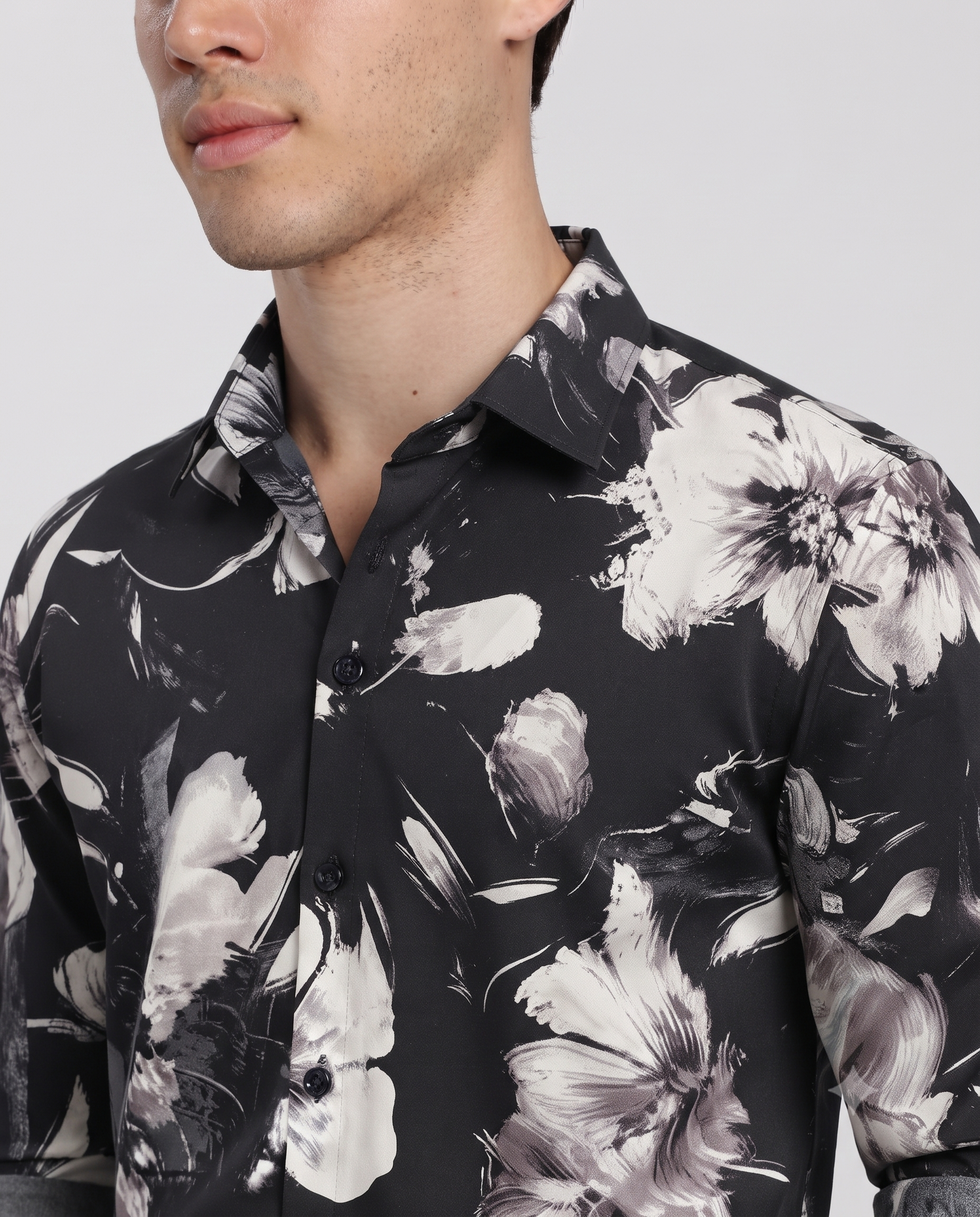 Men's Black Watercolor Floral Print Regular Fit Casual Shirt
