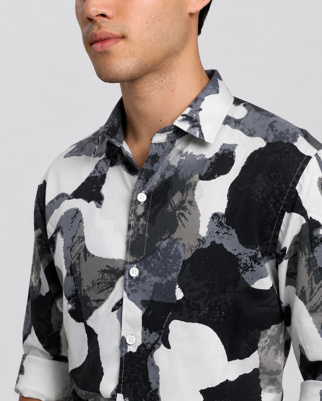 Men's Cream Abstract Brushstroke Print Regular Fit Casual Shirt