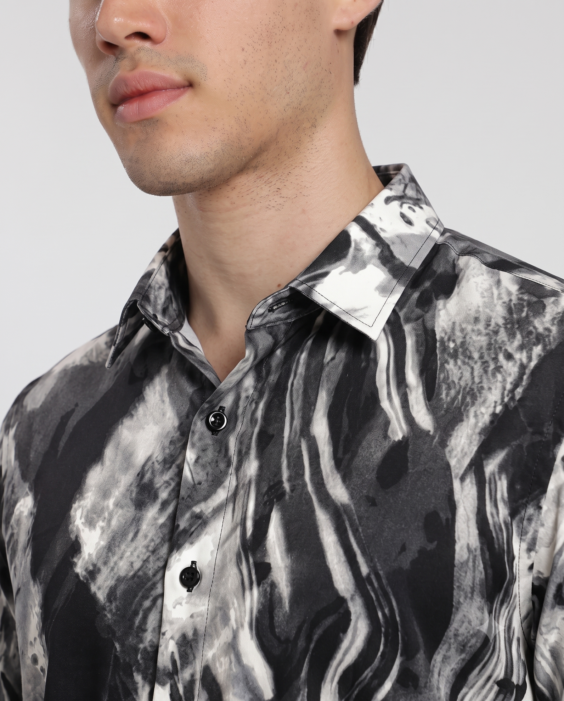 Men's Charcoal Grey Abstract Marble Print Regular Fit Casual Shirt