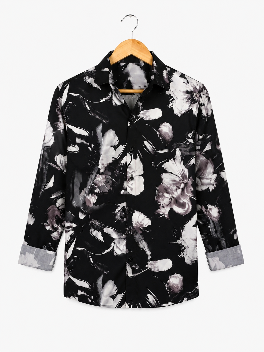 Men's Black Watercolor Floral Print Regular Fit Casual Shirt