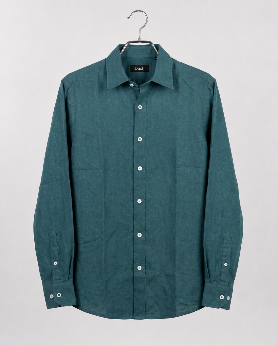 Teal blue linen slim fit shirt on hanger | Duch Clothing