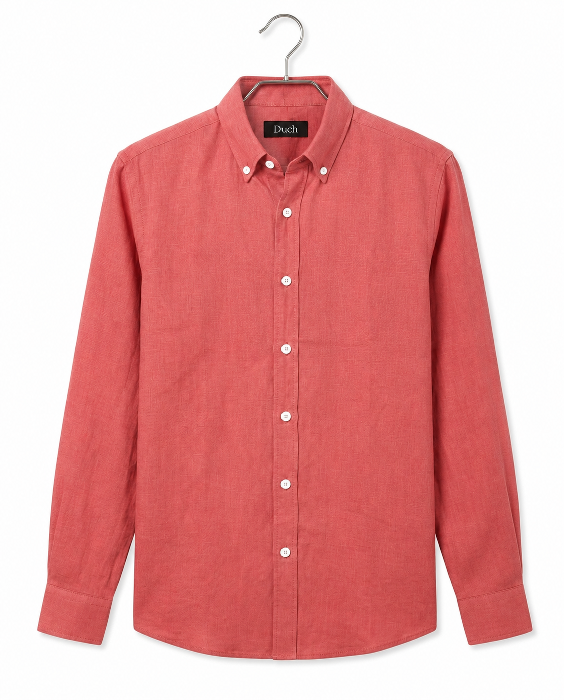 Dusty rose linen slim fit shirt on hanger | Duch Clothing